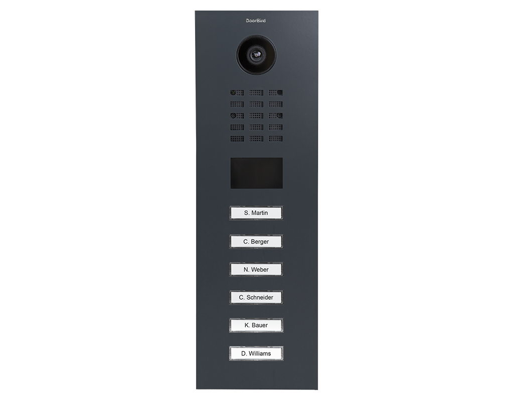 DoorBird video door station front view, dark display window and 6 labeled buttons