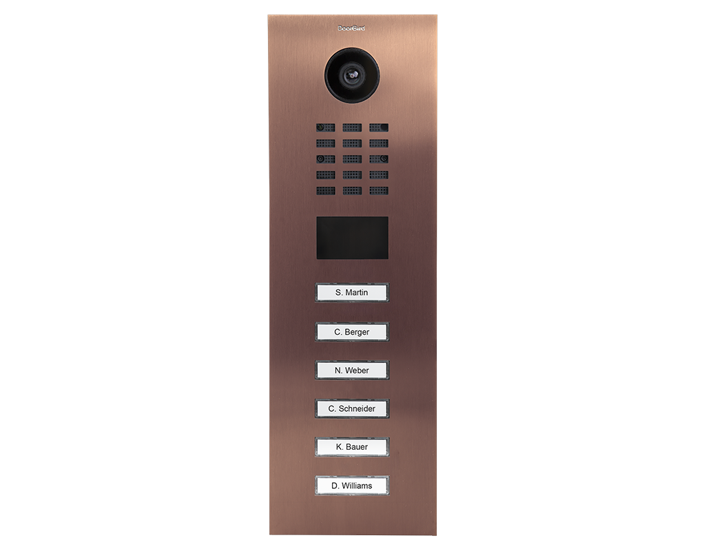 Bronze video door station with camera, call buttons grid, and dark display panel