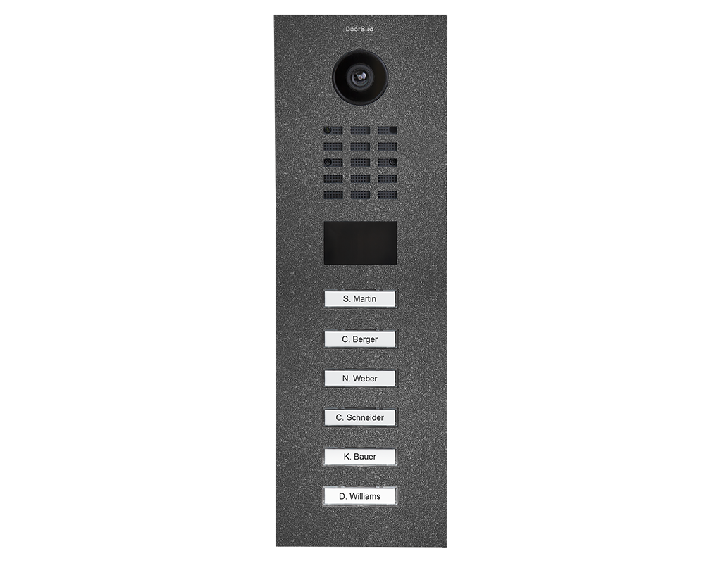 DoorBird D2106V video door station with camera, six call buttons, and name label strips