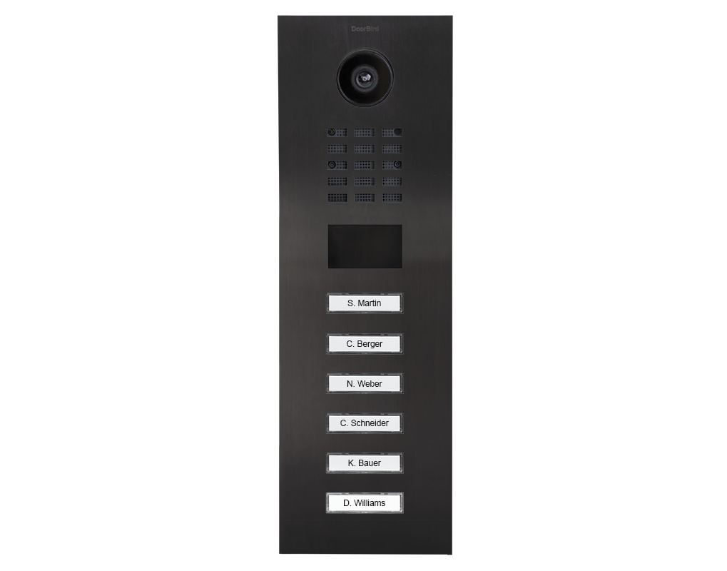 Slim DoorBird titanium video door station panel with 6 call buttons and camera lens