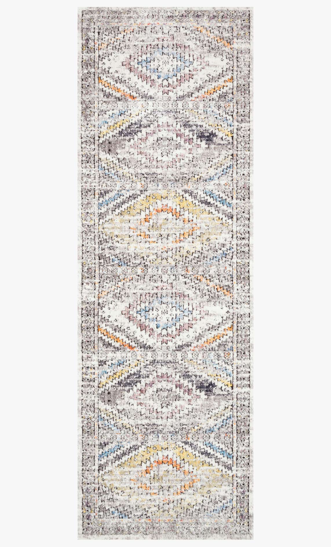 Ivory power-loomed rug with repeating diamond motifs and multicolor accents