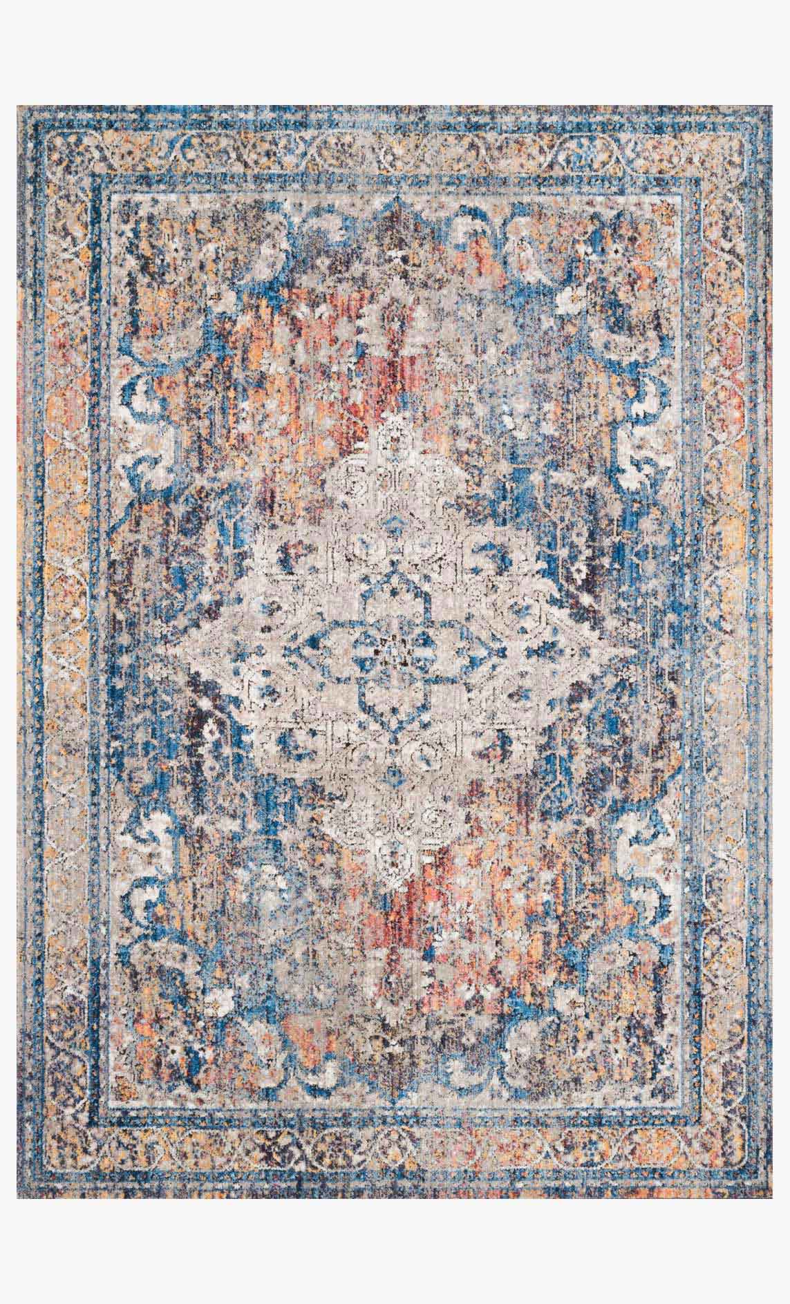 Transitional power-loomed rug in stone, blue, and orange with medallion and border pattern.