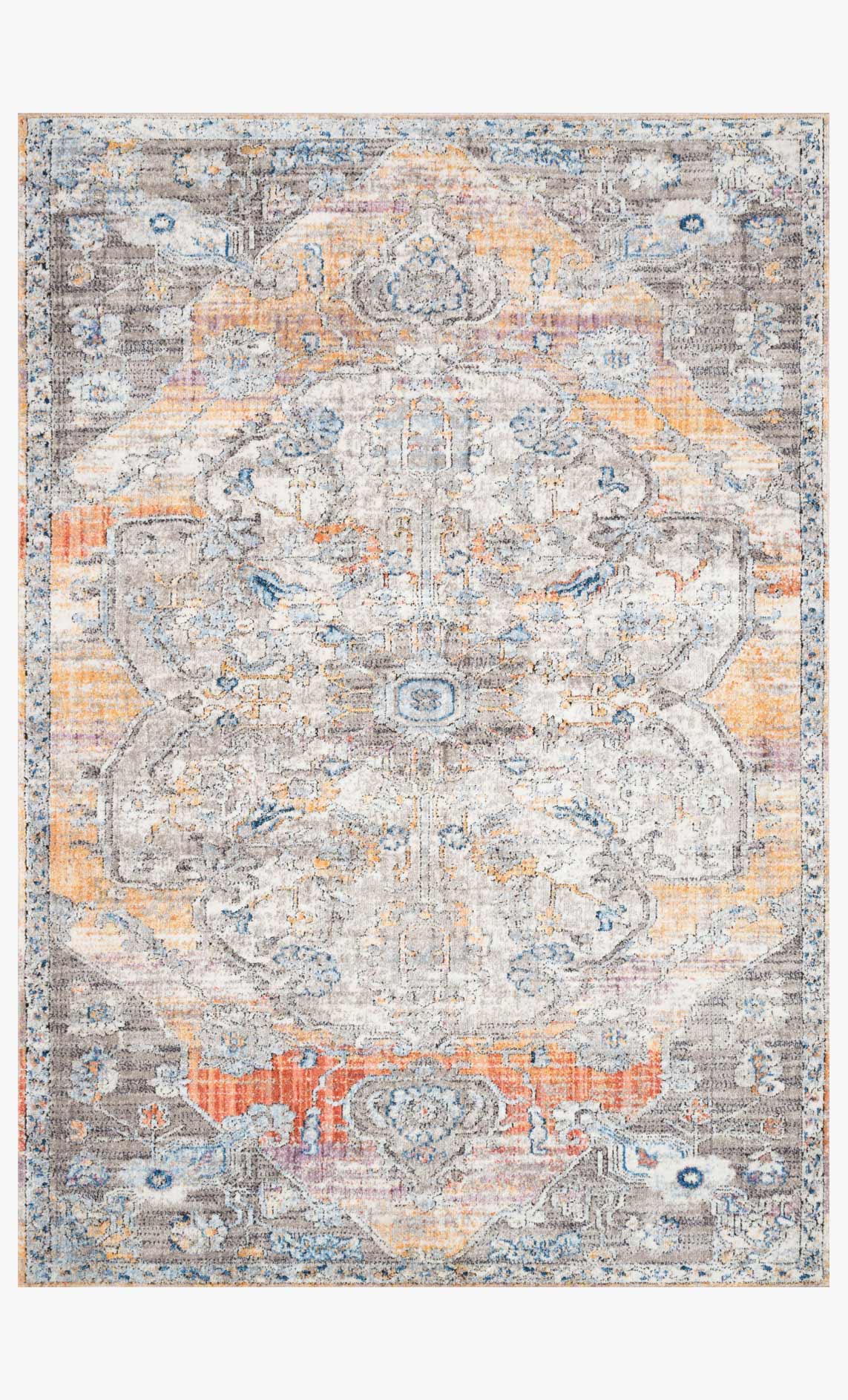 Transitional power-loomed rug with light gray, beige, blue, and orange abstract pattern