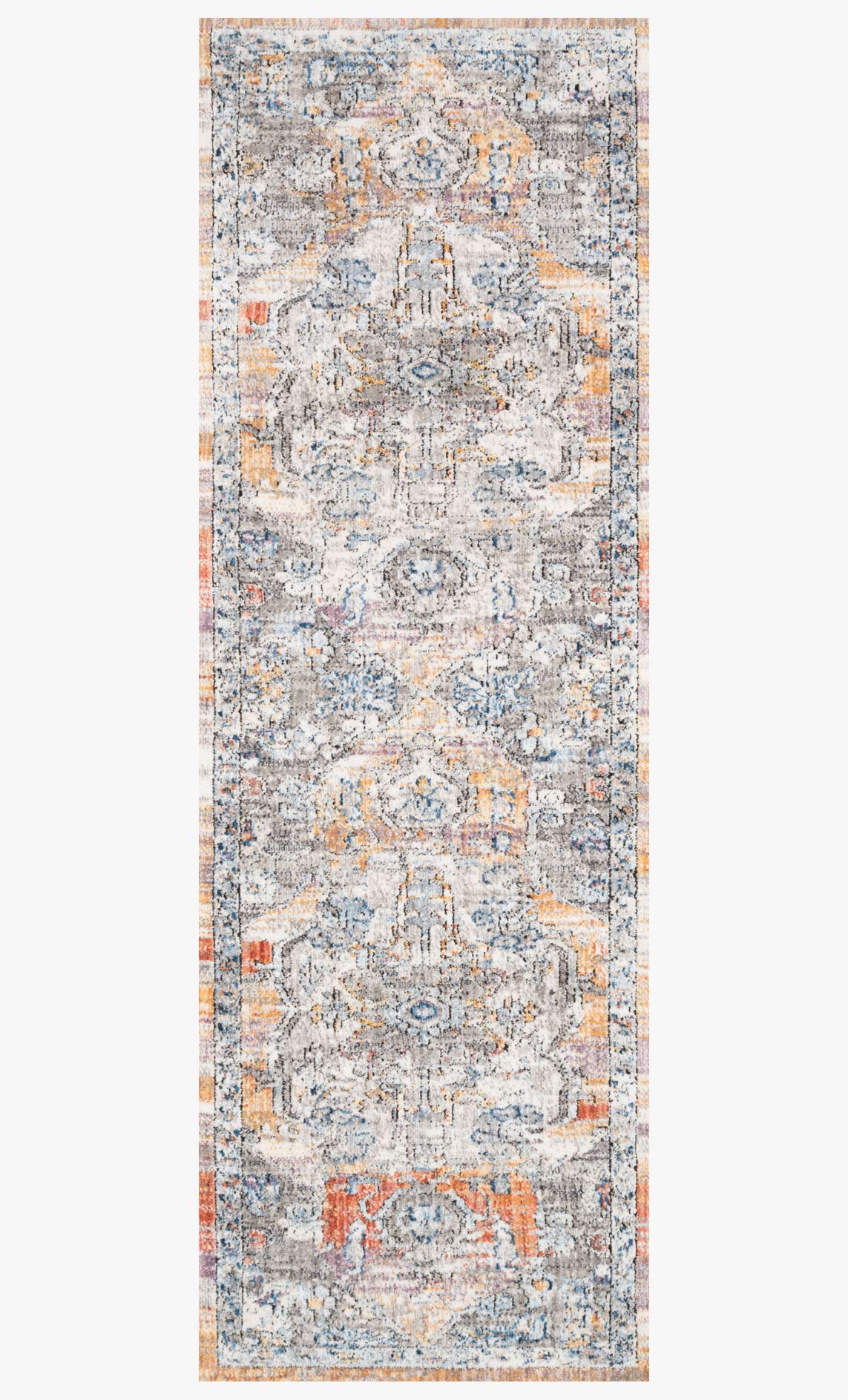 Rectangular abstract rug with light gray, beige, blue, and orange motif layout
