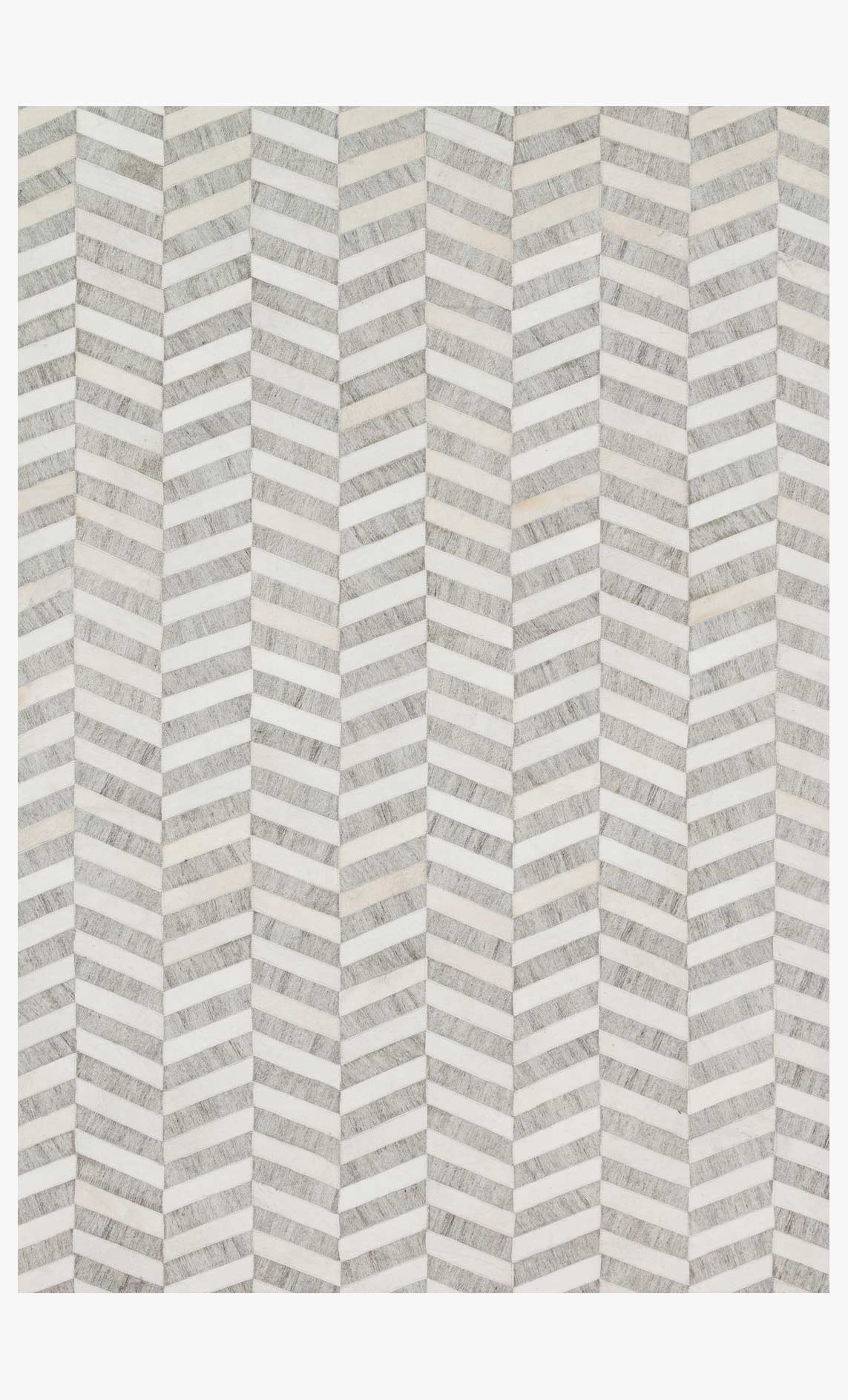 Hand-stitched grey and ivory rug with repeating vertical chevron lines pattern, full view