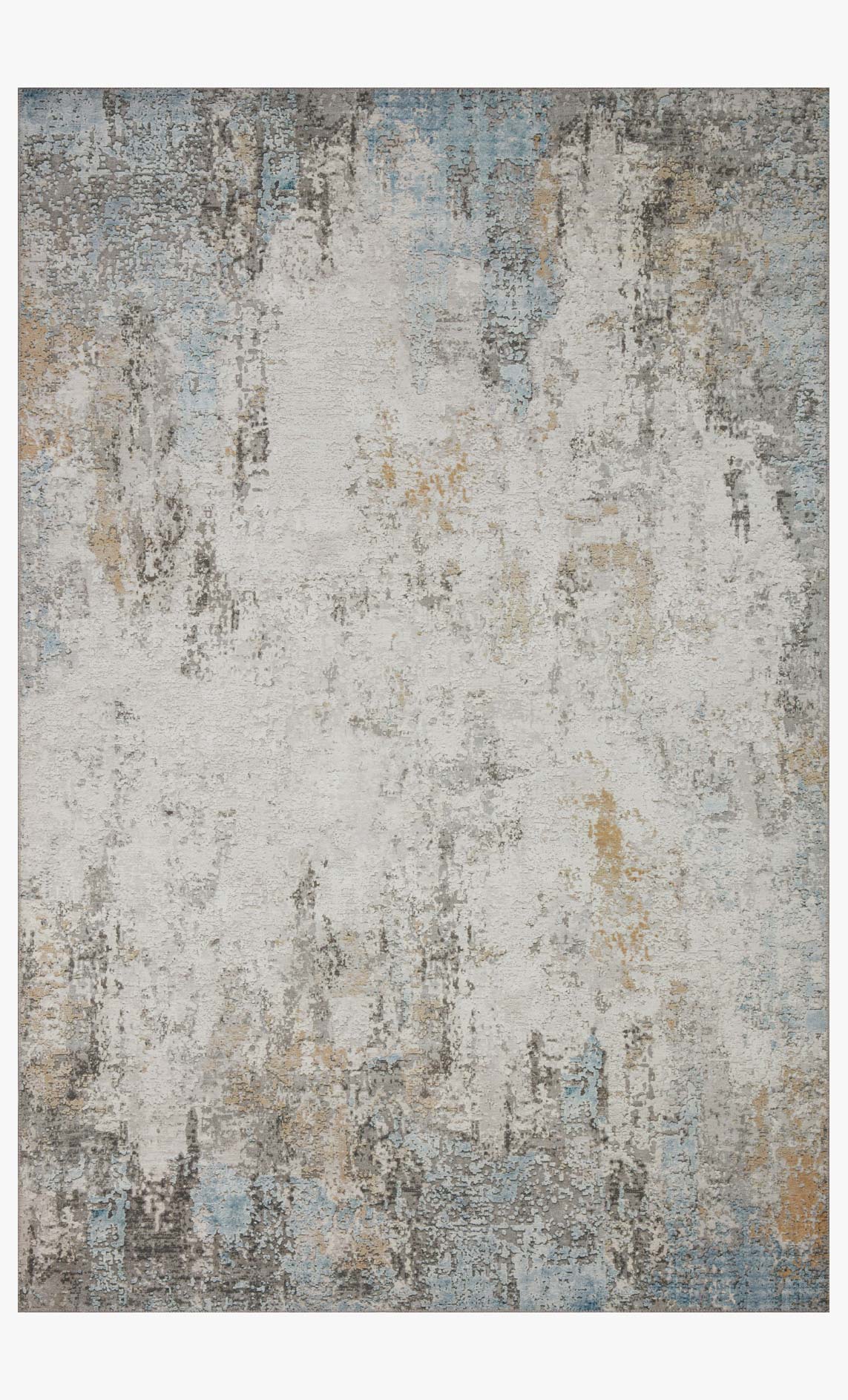 Antique gray and ivory power-loomed rug with blue distressed pattern, flat view