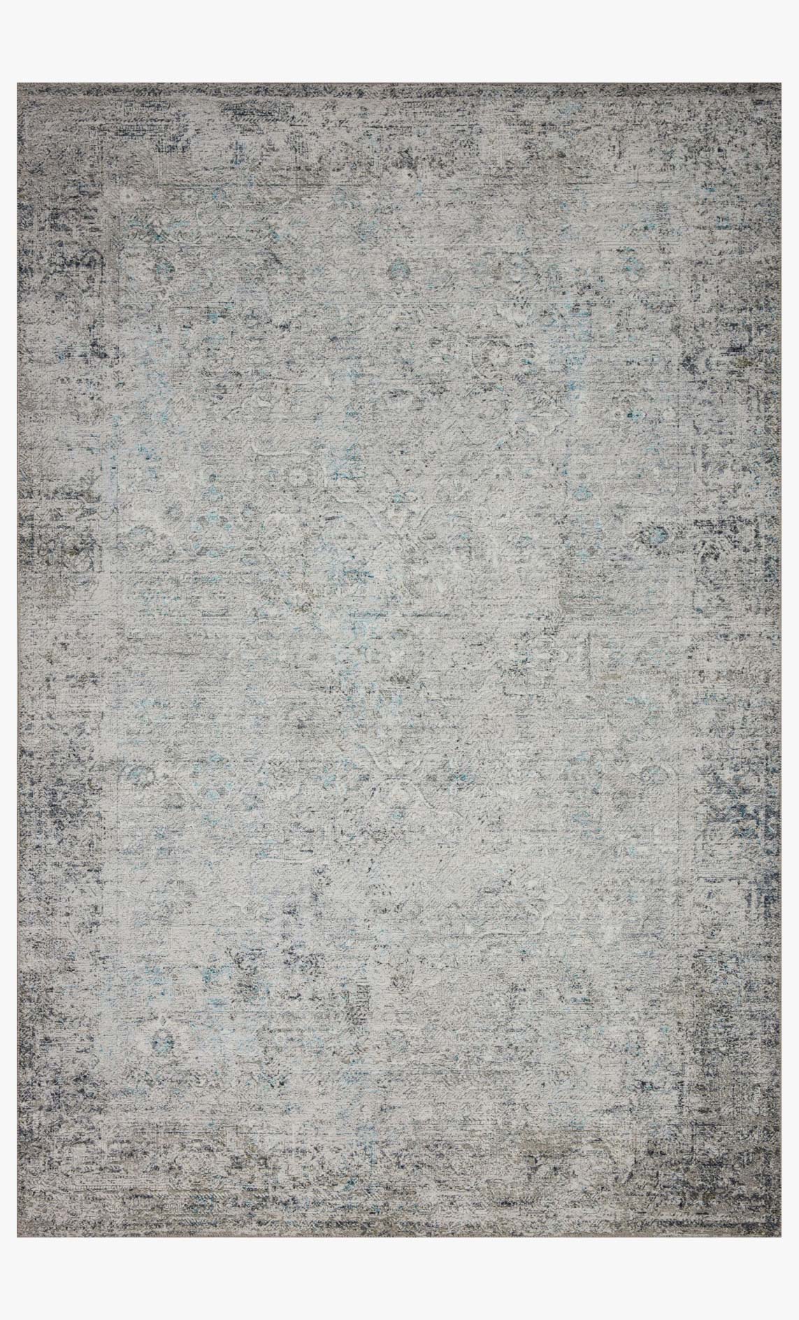 Ivory and silver power-loomed rug with distressed abstract pattern, flat-woven look.