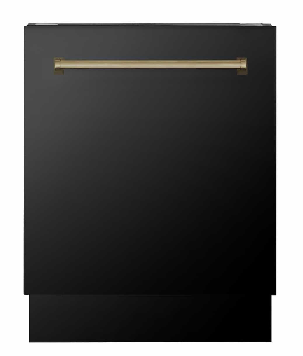 ZLINE dishwasher with black front panel and champagne bronze bar handle