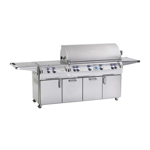 Freestanding stainless gas grill with hood, side shelves, and front control knobs