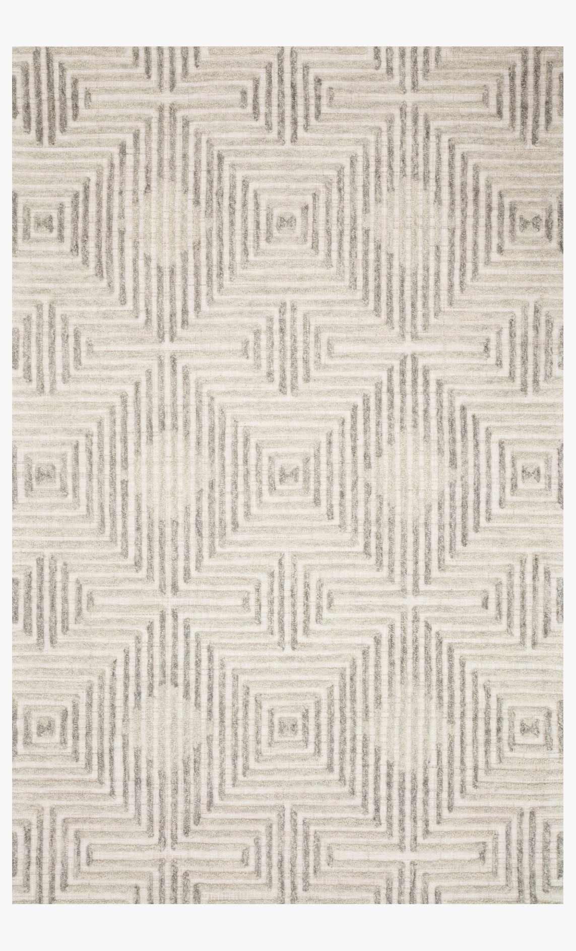 Hand tufted grey and silver rug with repeating geometric maze pattern