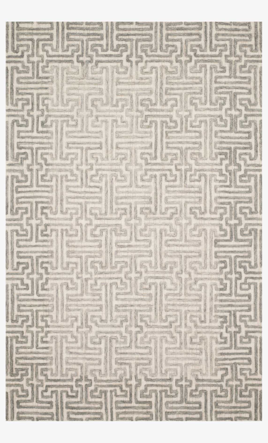 Stone and sand hand-tufted rug with geometric maze pattern, full view