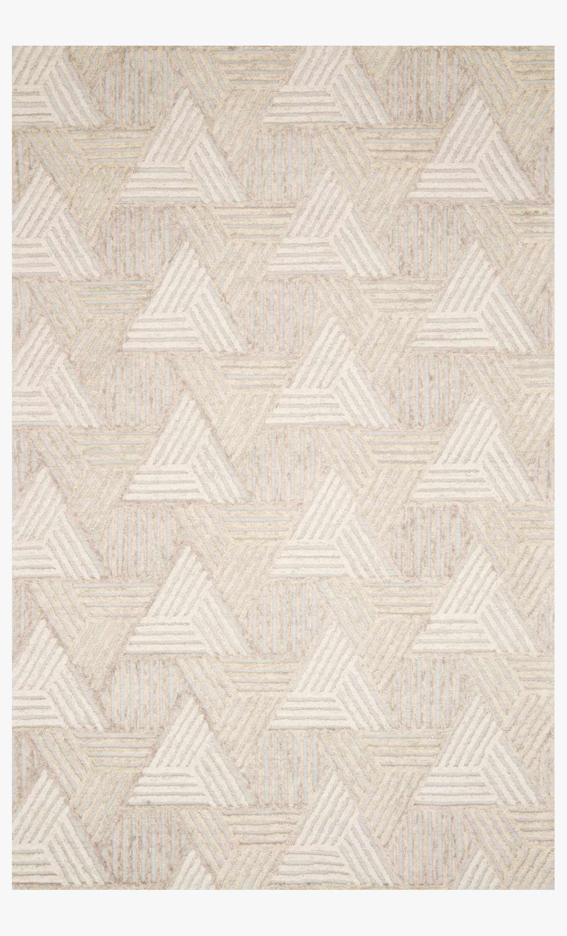 Square area rug with repeating geometric triangle pattern in oatmeal and ivory
