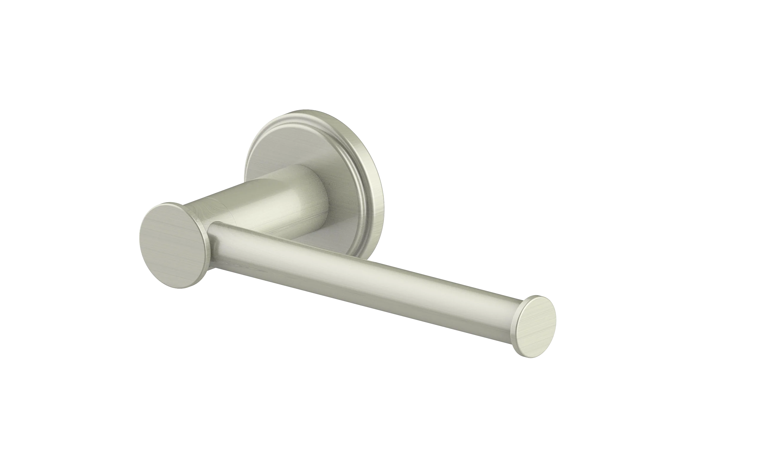 Brushed nickel toilet paper holder with round wall mount and two spindle ends