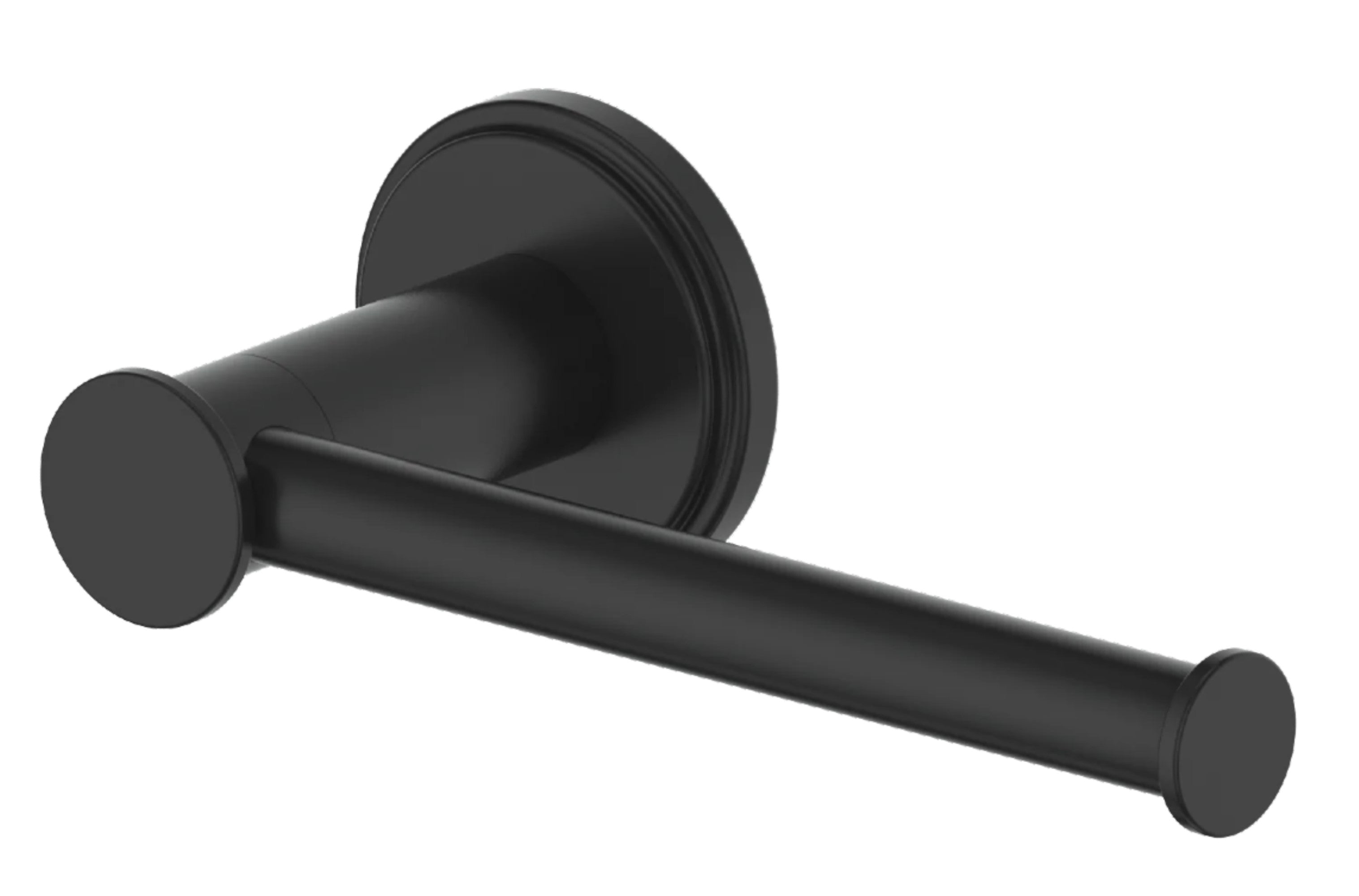 Matte black toilet paper holder with round wall mount and horizontal arm