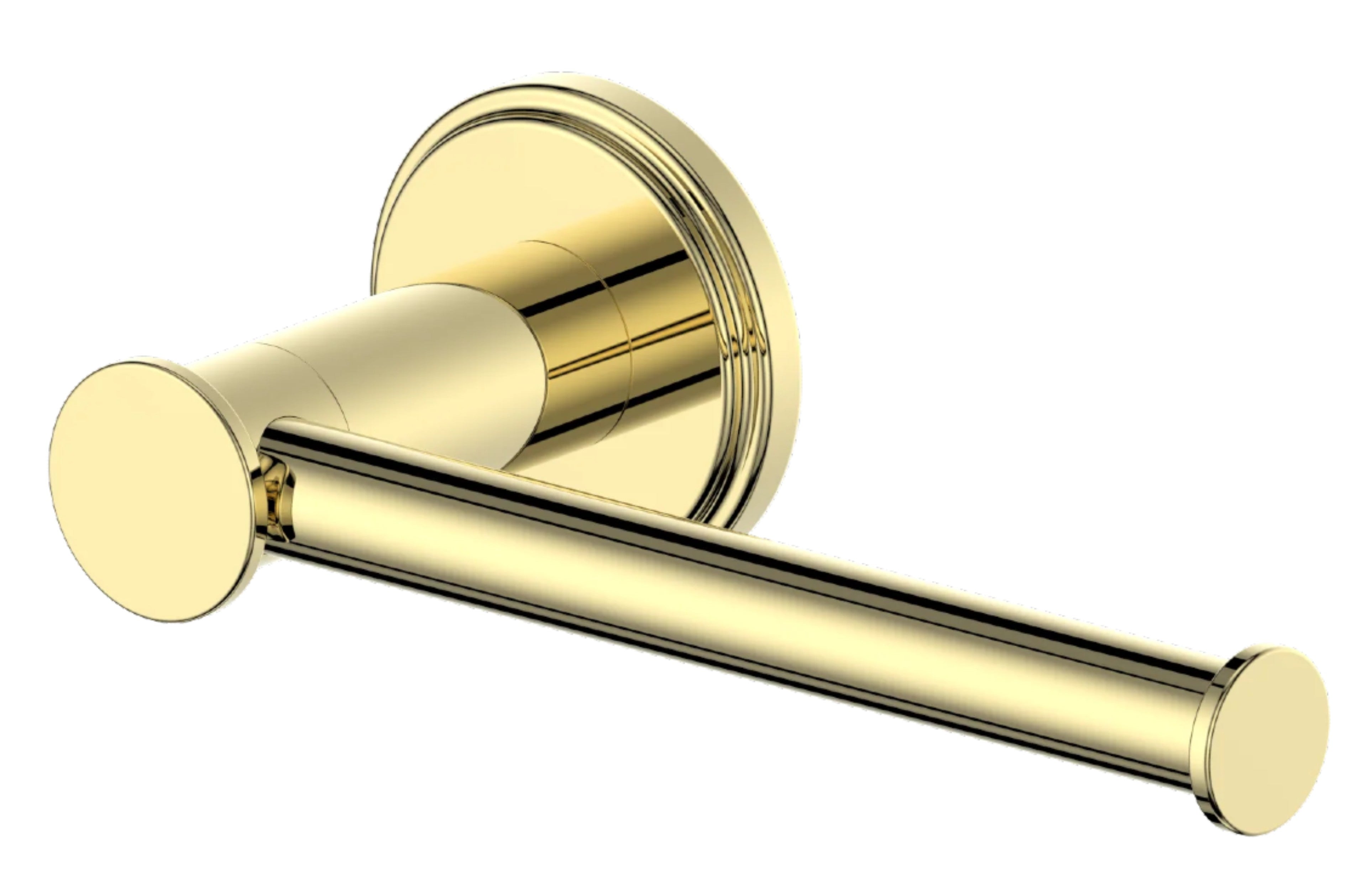 Polished gold toilet paper holder with round wall mount and horizontal bar