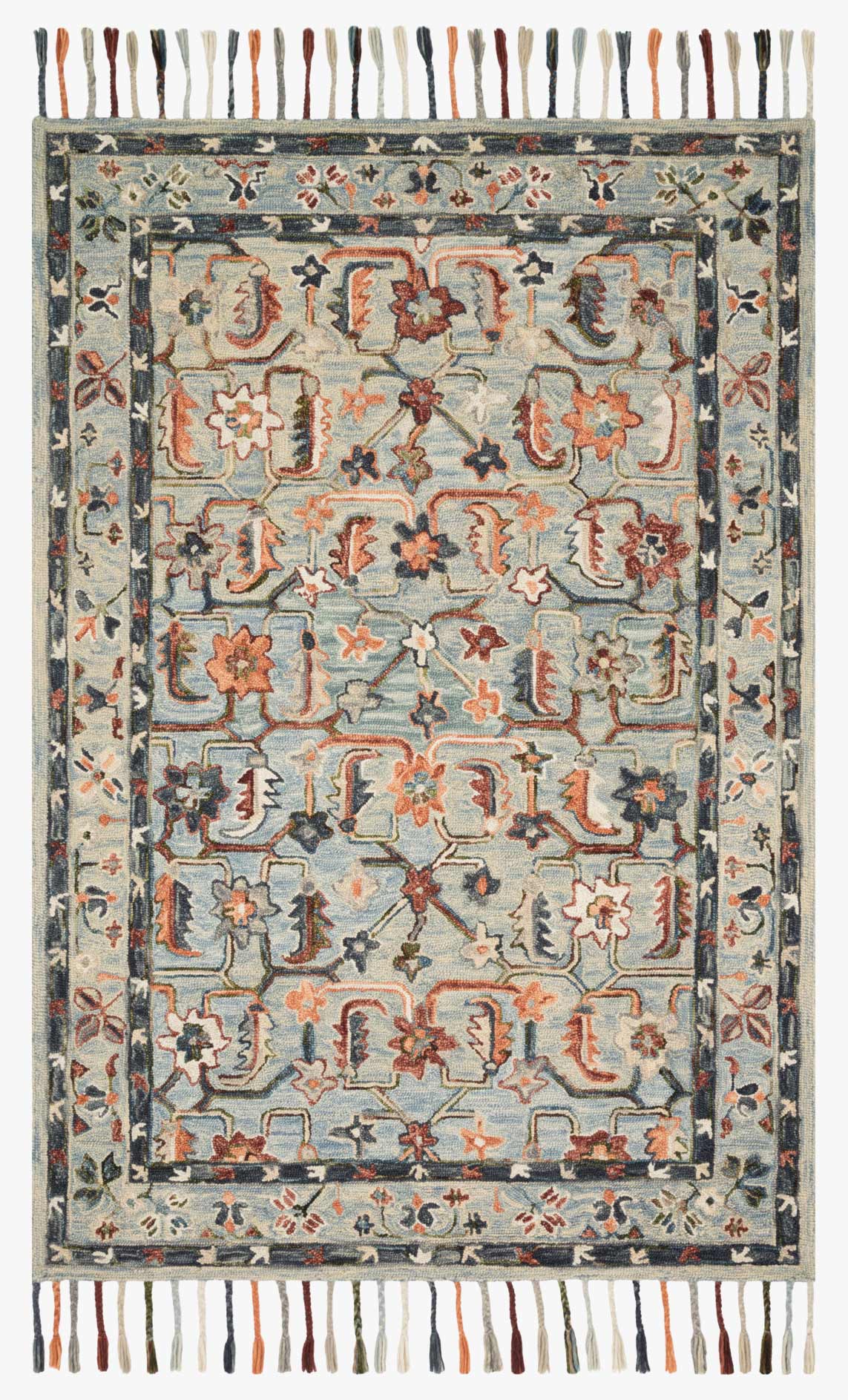 Sky blue hooked rug with ornate multicolor medallion pattern and fringe tassels