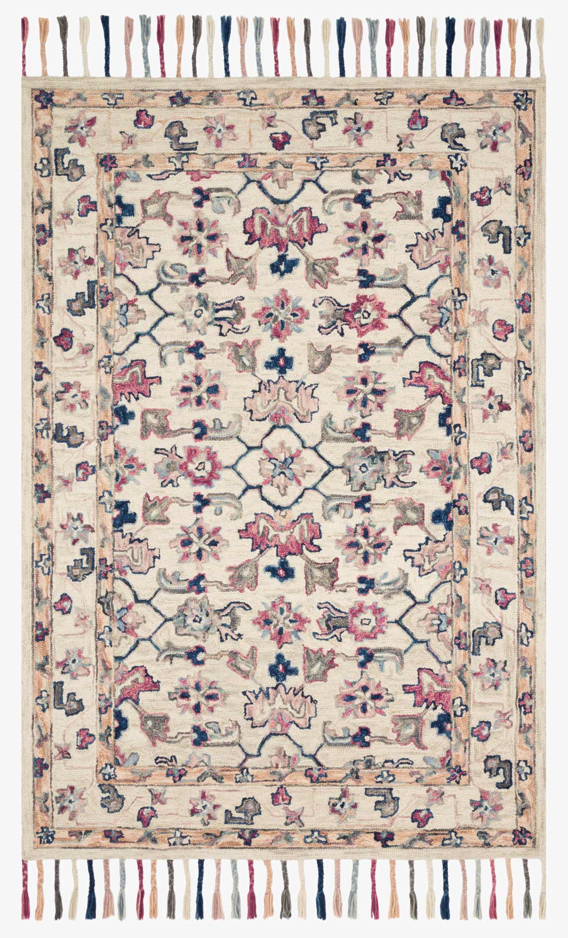 Ivory transitional hooked rug with ornate multicolor floral medallion pattern and fringe border