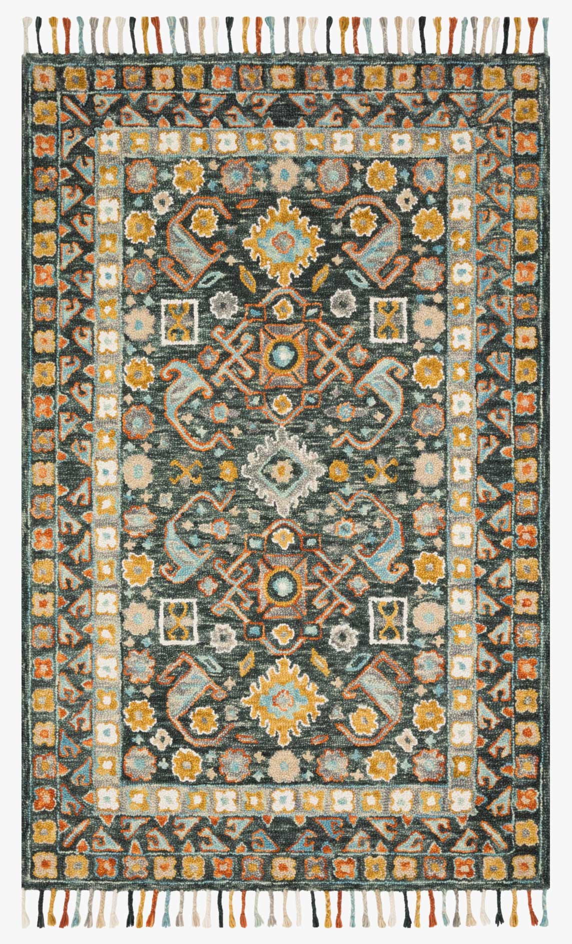 Denim-blue hooked rug with multicolor geometric medallion pattern and fringe border.