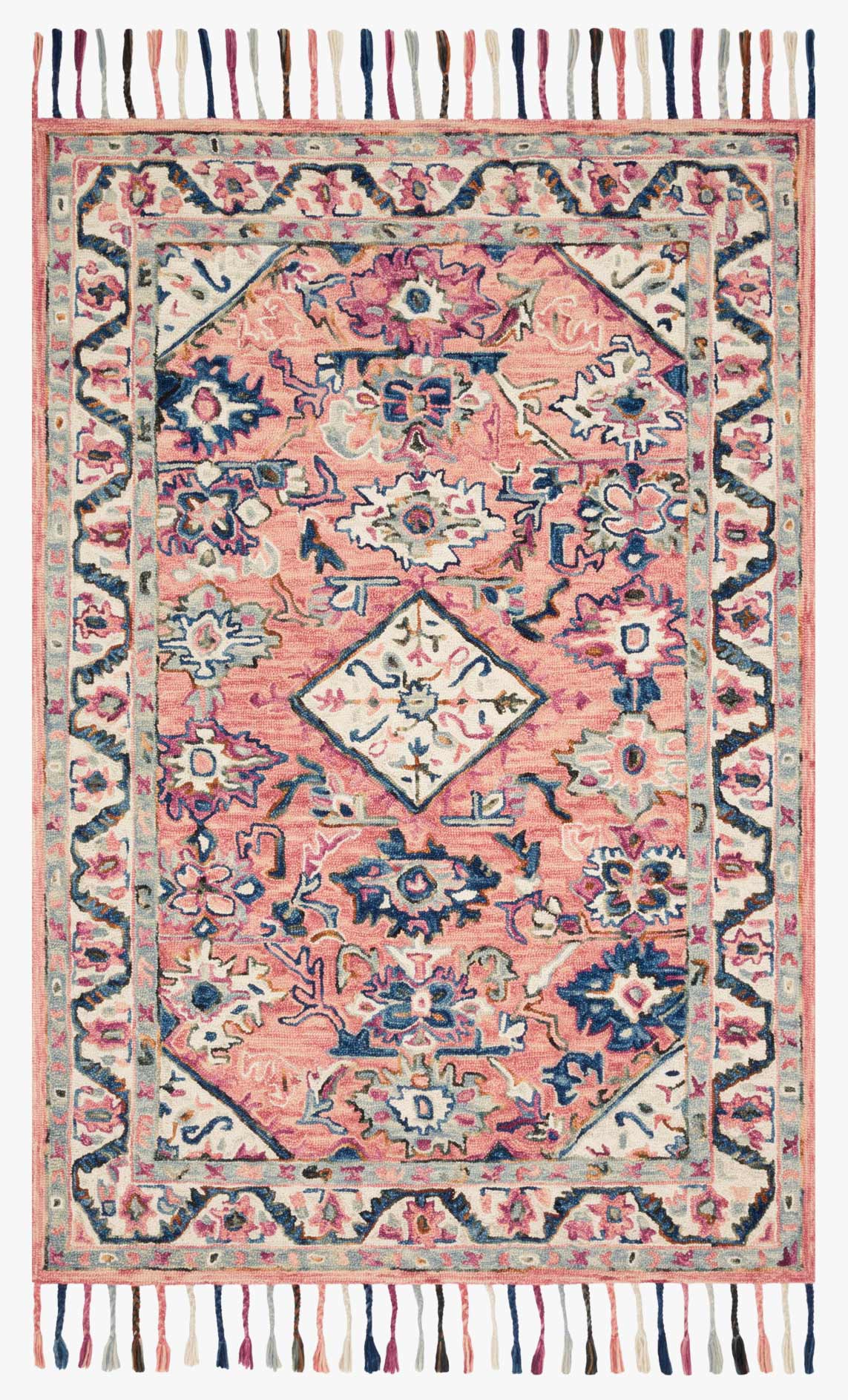 Pink transitional hooked rug with multicolor geometric medallion pattern and fringed border