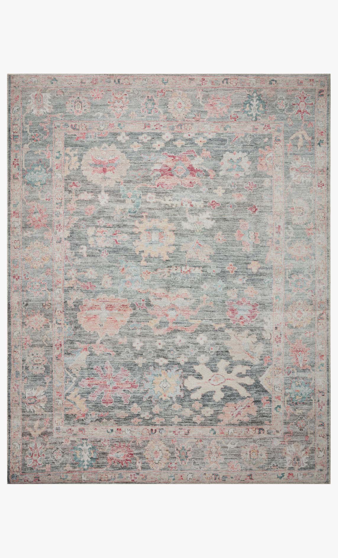 Traditional power-loomed rug with distressed abstract pattern, gray with muted coral and teal accents.