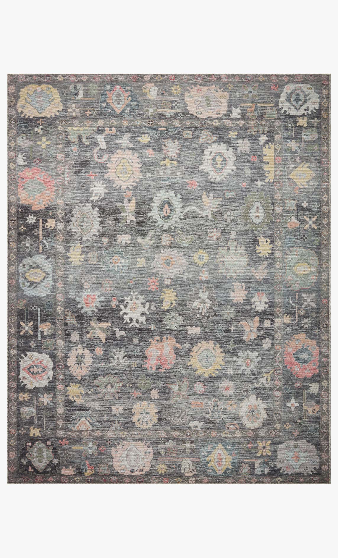 Charcoal area rug with multicolor traditional medallion and geometric pattern
