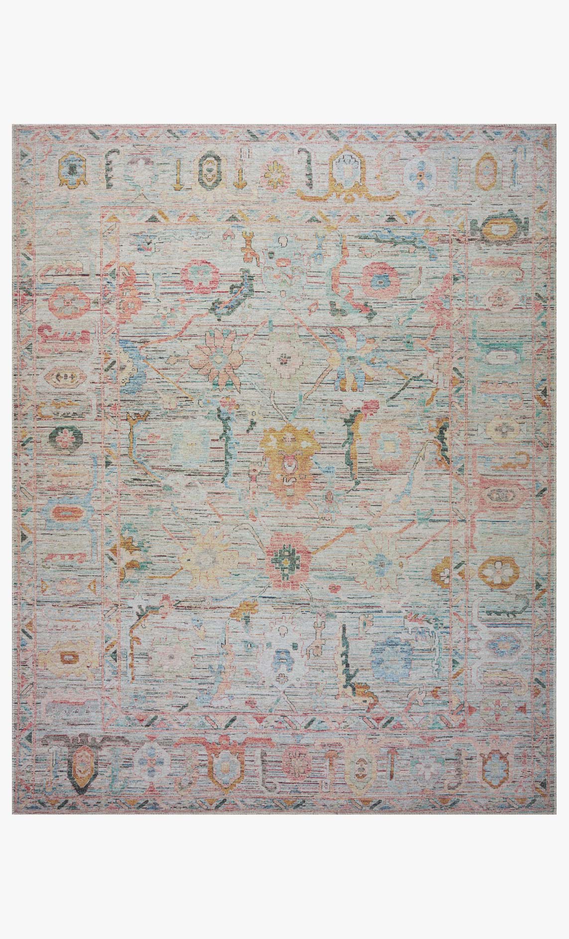 Multicolor traditional area rug with faded geometric motifs and border edge