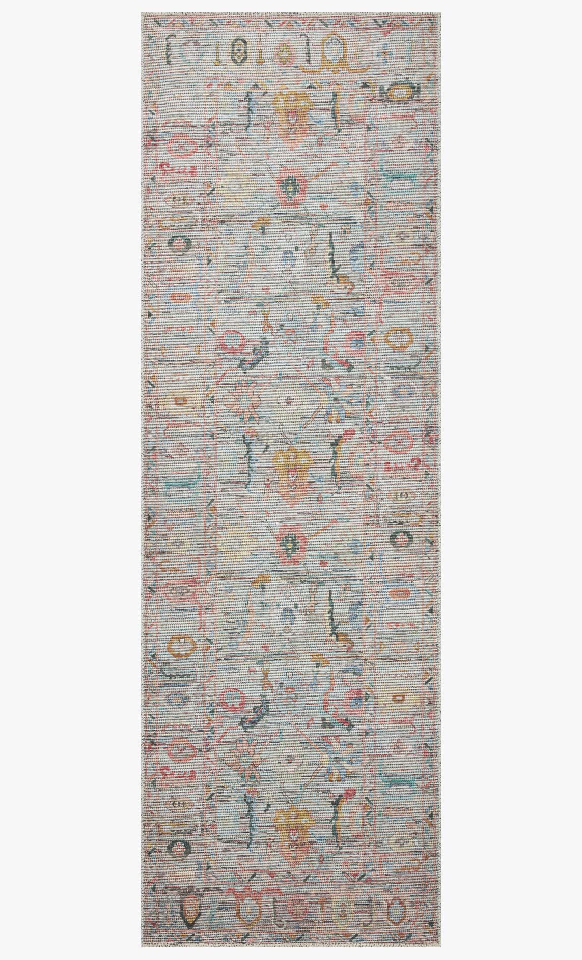 Rectangular traditional area rug with light blue background and multi-color motifs