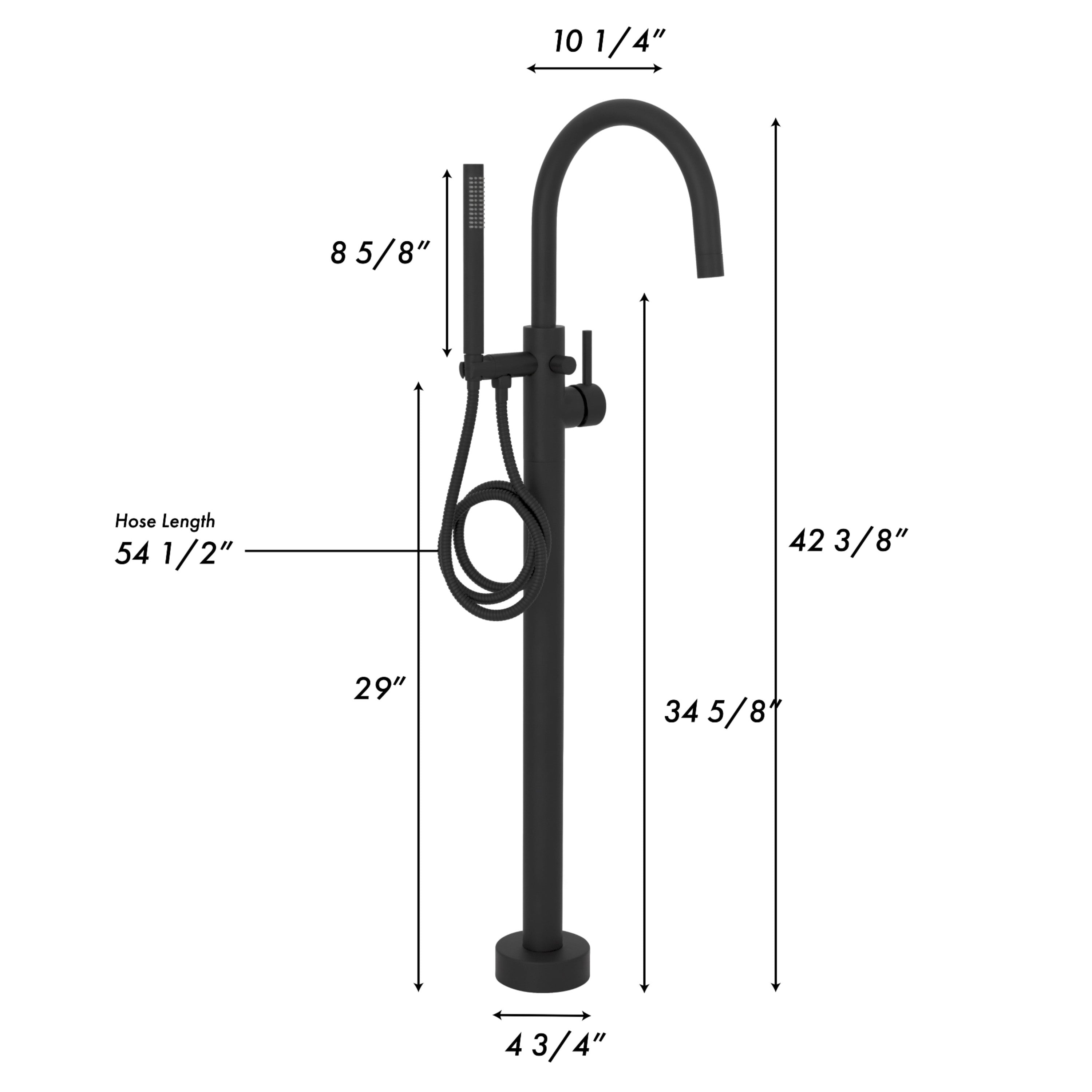 Matte black floor-mount bath tub filler with labeled dimensions and braided hose