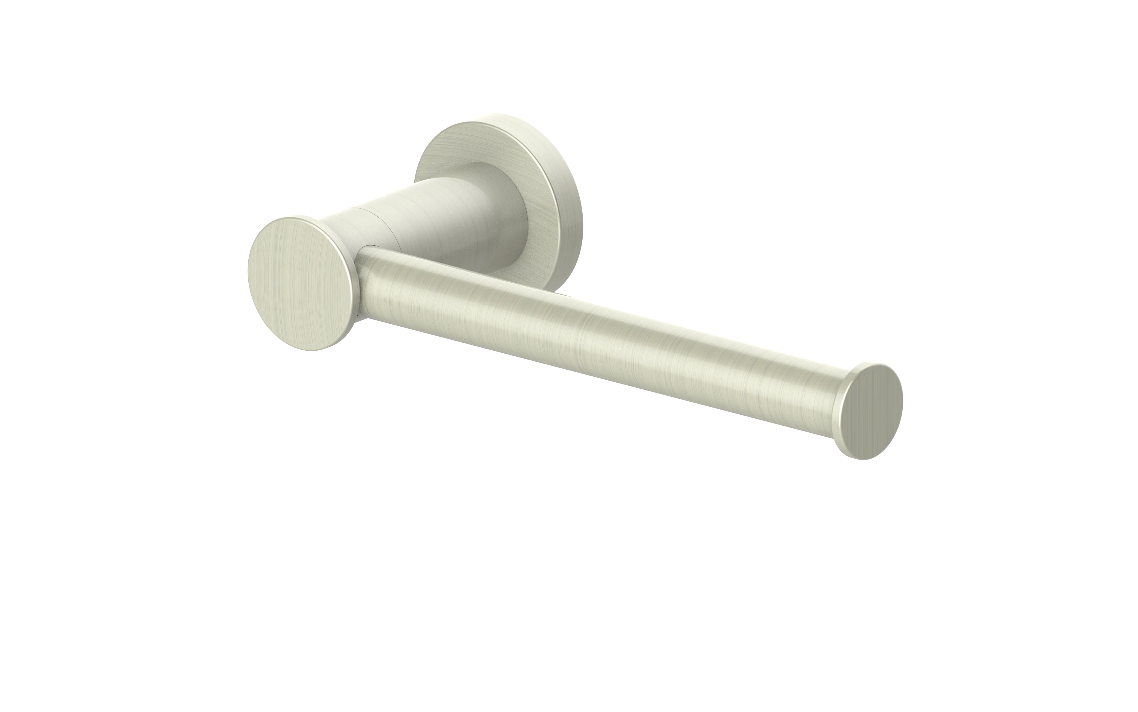 Toilet paper holder in brushed nickel with round wall mount and bar arms