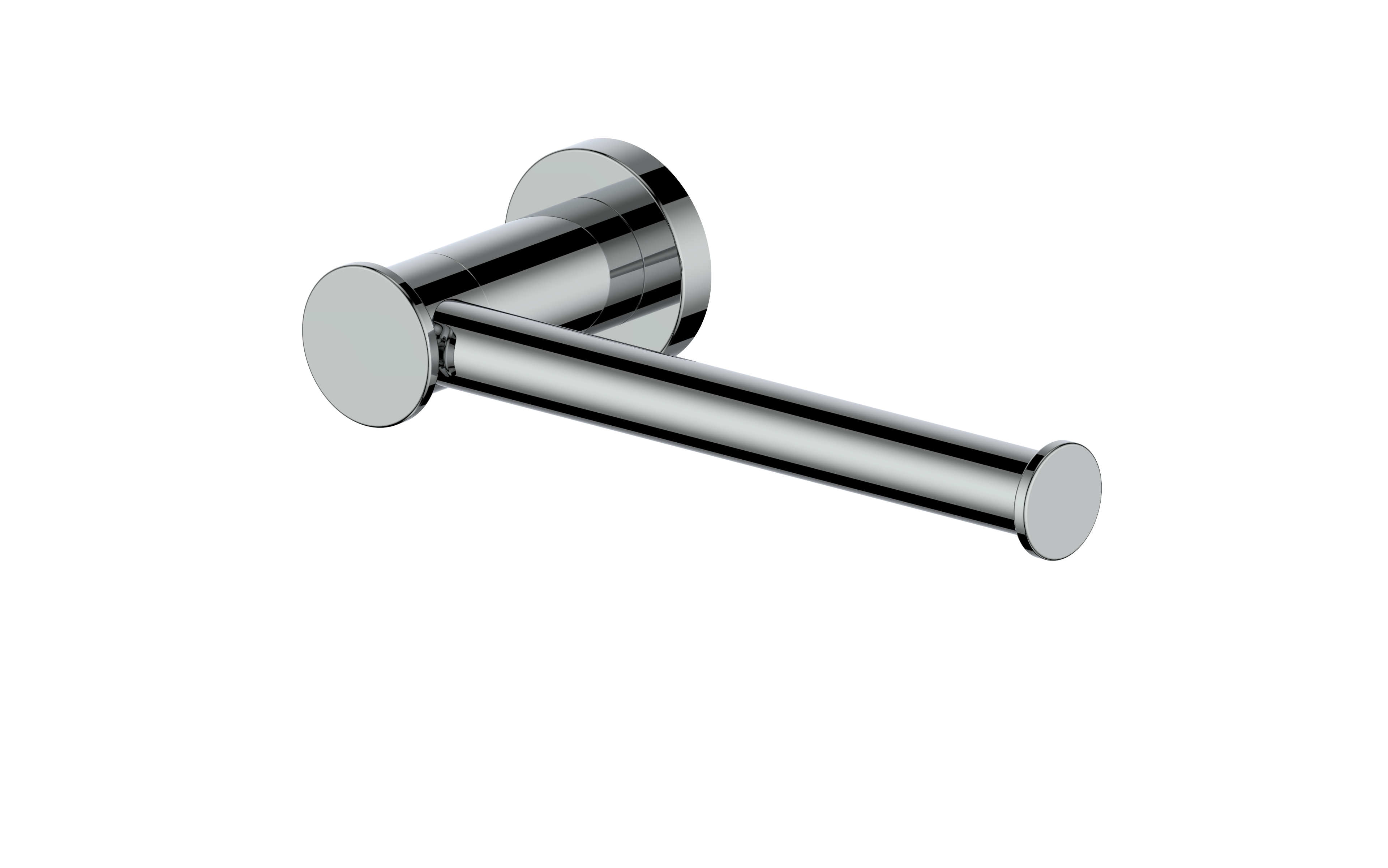 Polished chrome wall-mounted toilet paper holder with long bar and circular bases
