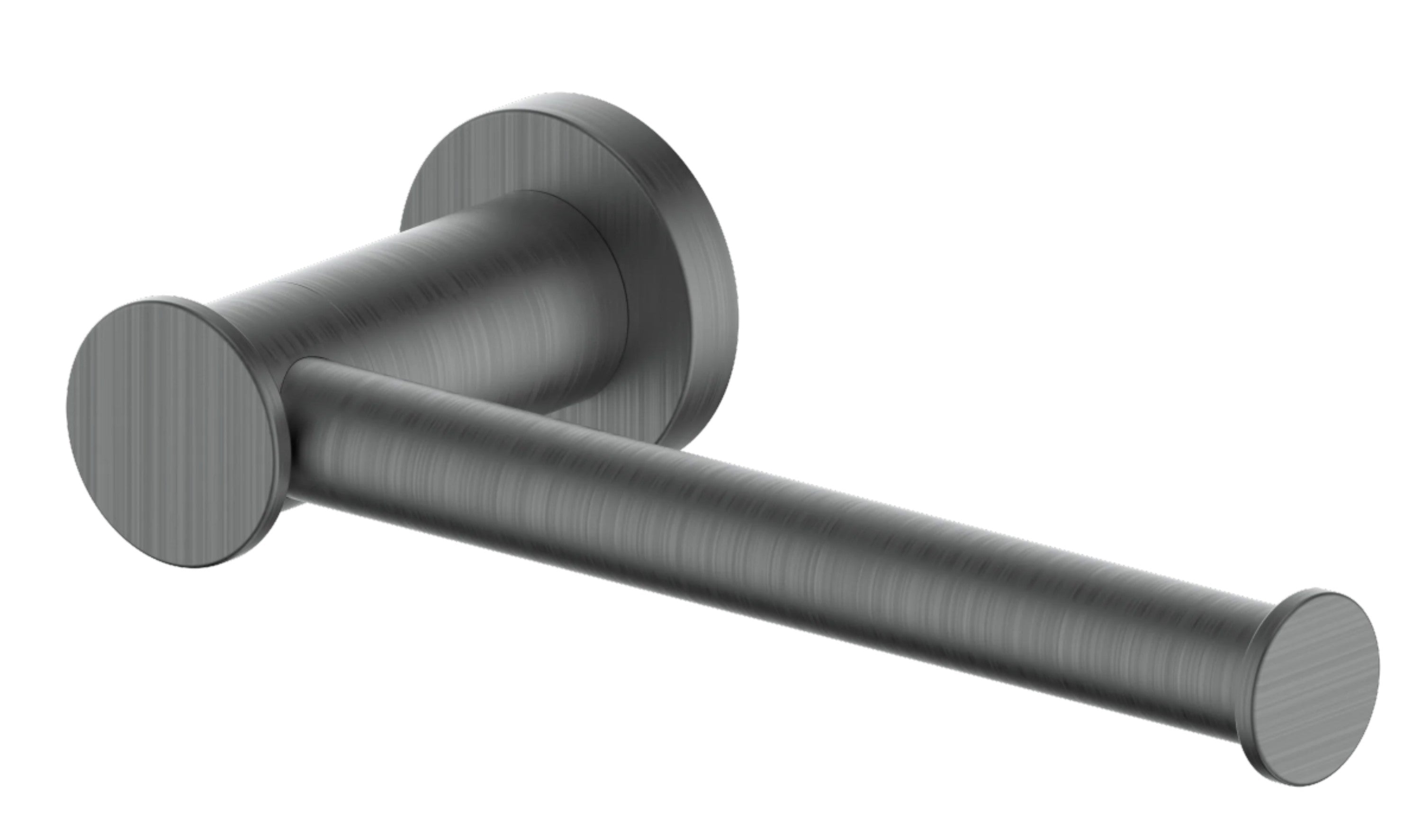 Gun metal toilet paper holder with round wall mount and cylindrical bar