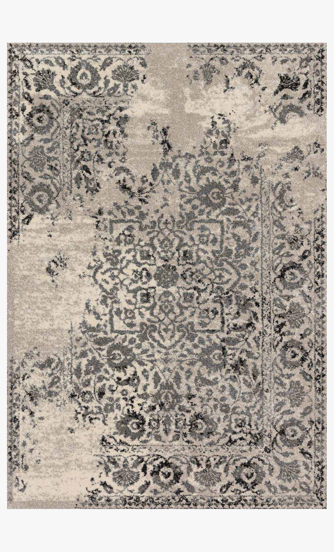 Transitional power-loomed rug with ivory base and charcoal floral medallion pattern