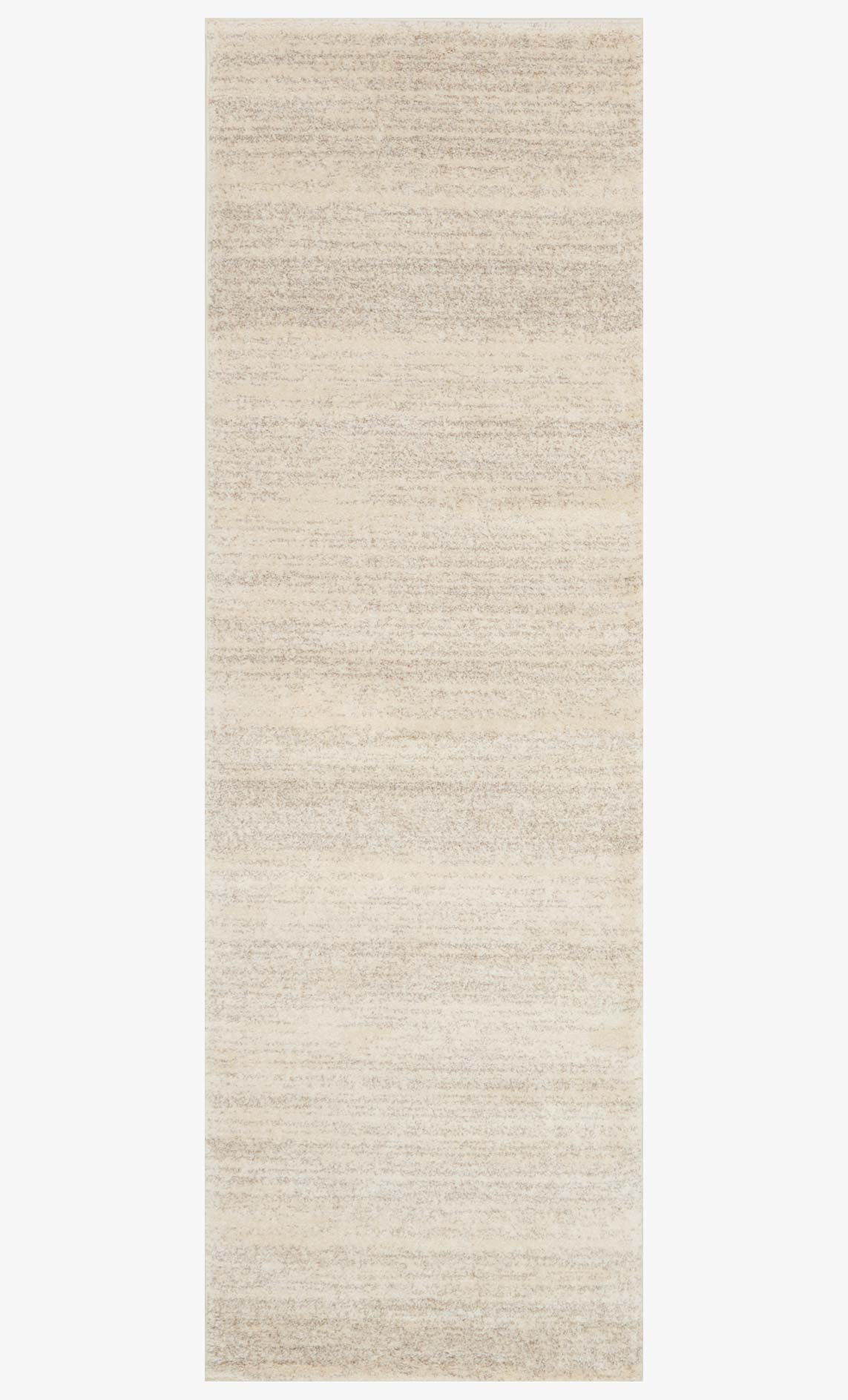 Narrow transitional rug with subtle speckled light beige woven texture, granite tone.