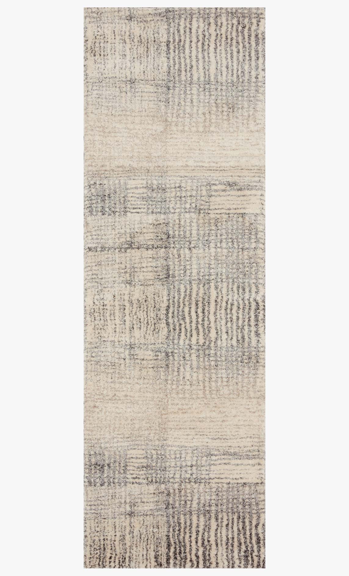 Ivory and grey runner rug with subtle horizontal and vertical stripes, distressed grid texture