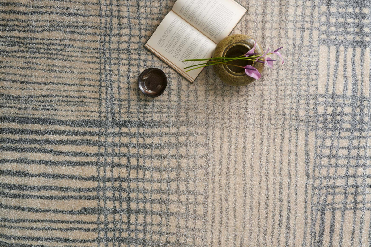 Ivory and blue-grey rug with vertical stripes and small grid, low textured pile