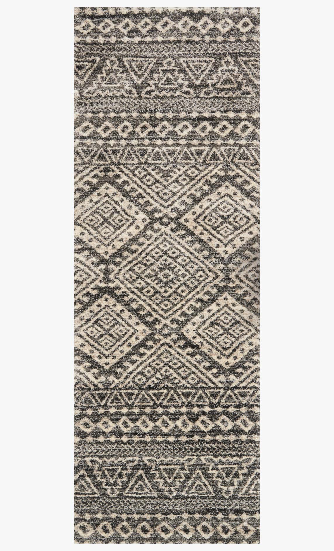Graphite and ivory rug with stacked diamond motifs and repeating tribal-style borders