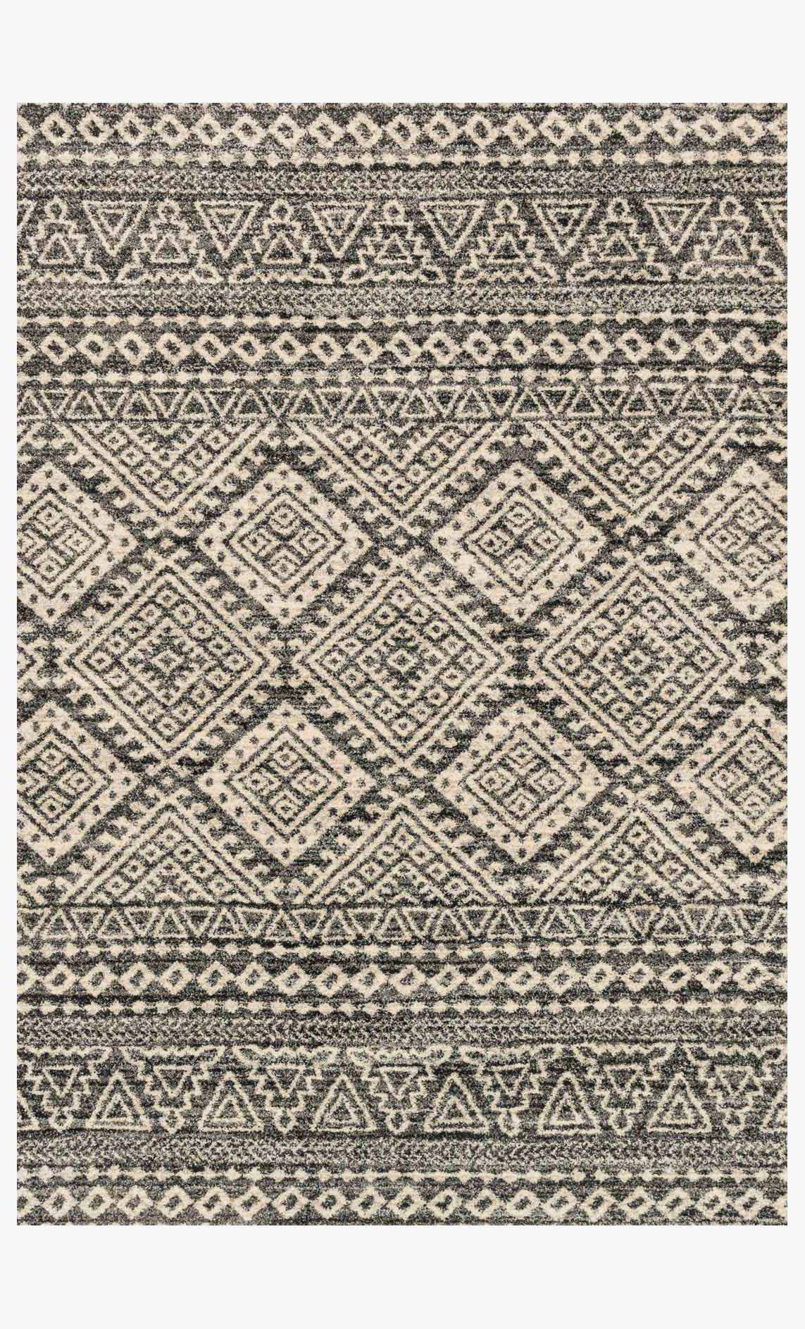 Graphite and ivory power-loomed rug with geometric diamonds and border pattern