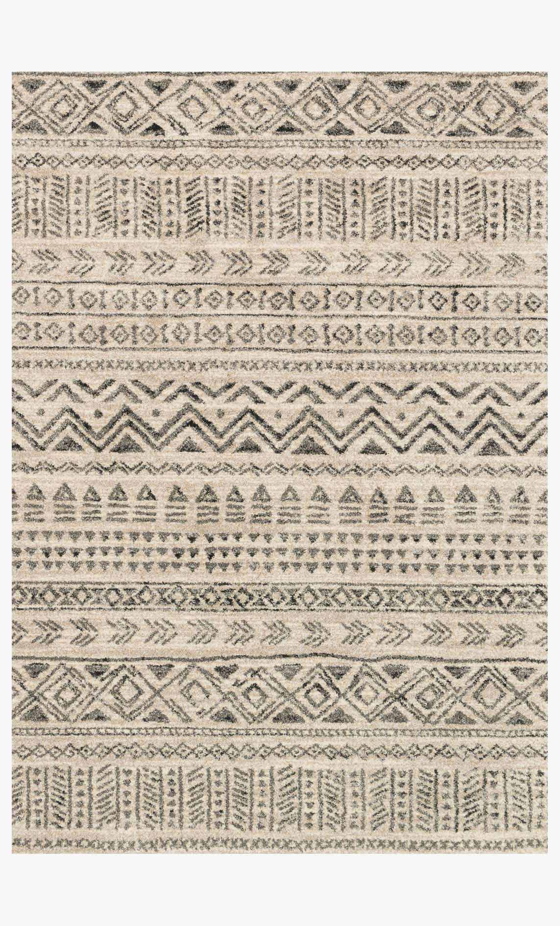 Stone and graphite transitional power-loomed rug with geometric stripe and diamond pattern