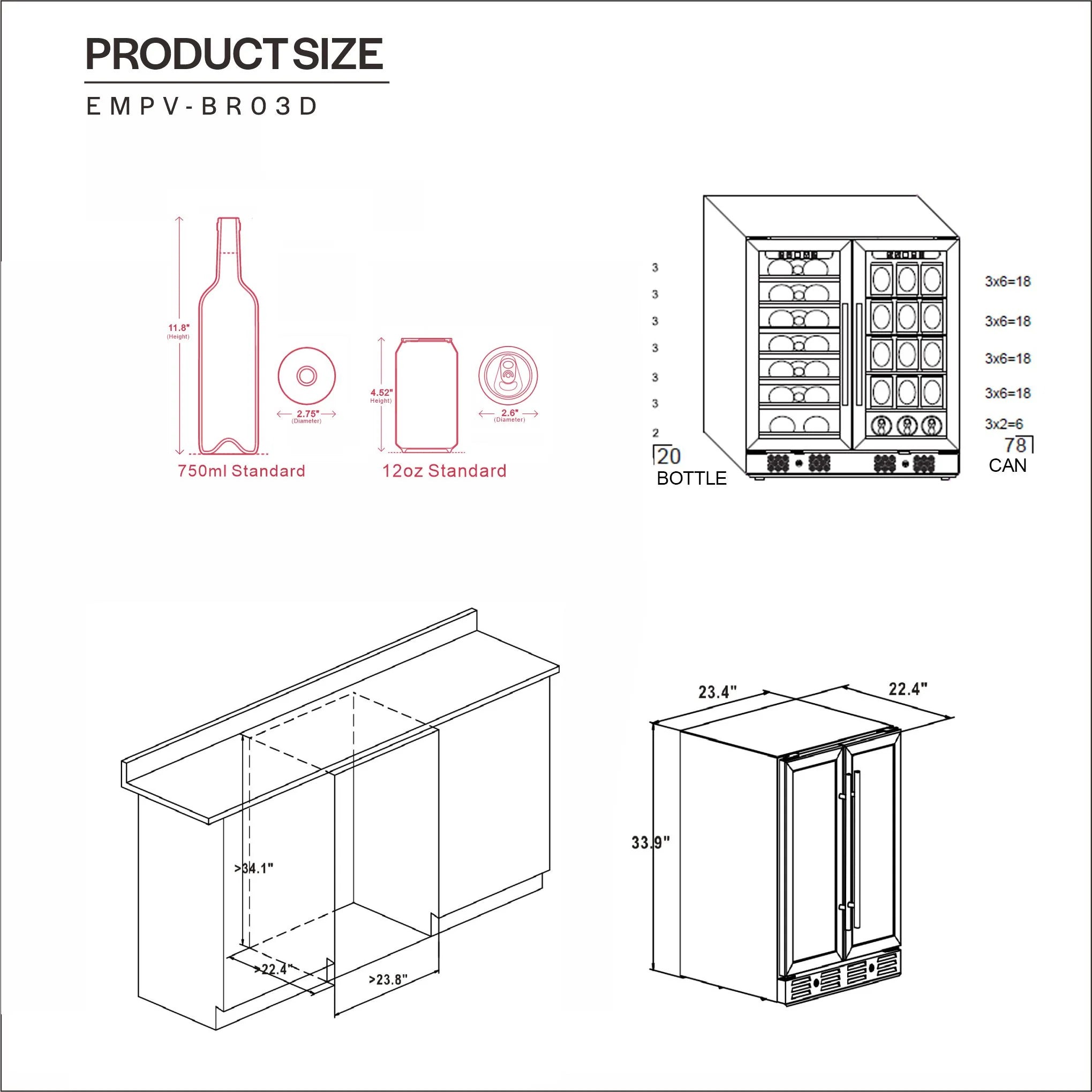 Freestanding wine and beverage cooler size diagram with front and side view