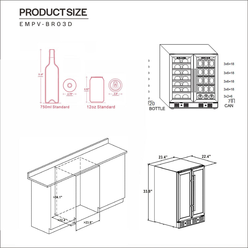 Empava 24-Inch Dual Zone Freestanding Built-In Wine Cooler and Beverage Fridge in Stainless Steel with Glass door (EMPV-BR03D)
