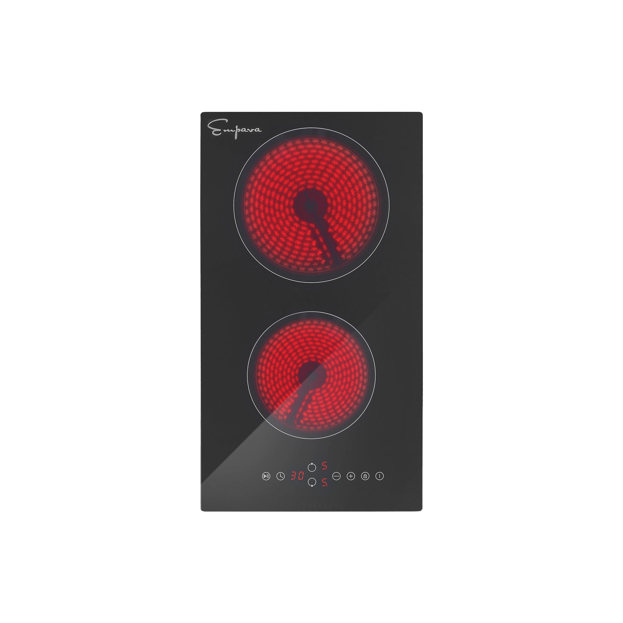 Black electric radiant cooktop with two glowing coil heating zones and control icons