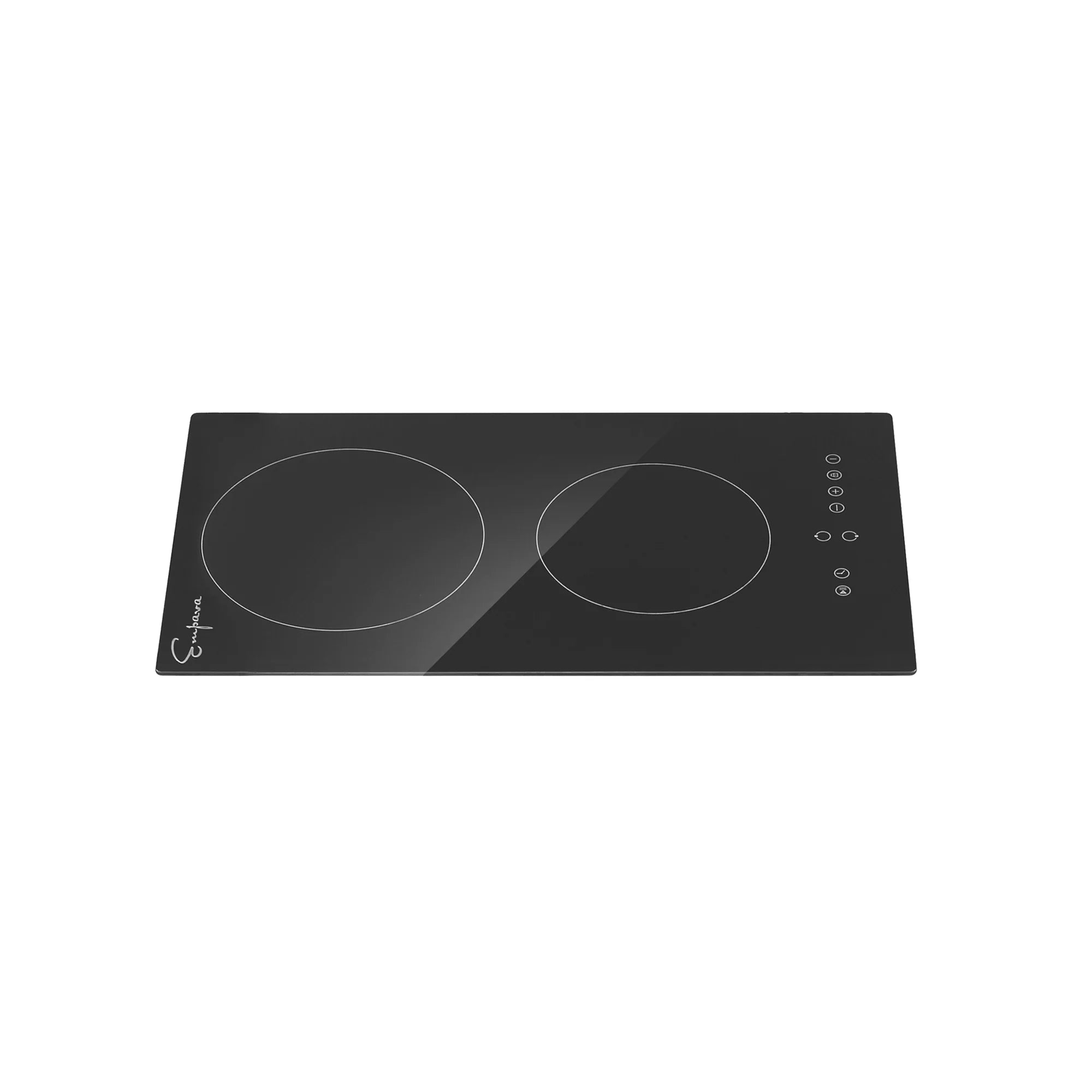 Black glass electric cooktop top with two radiant burner circles and touch control icons