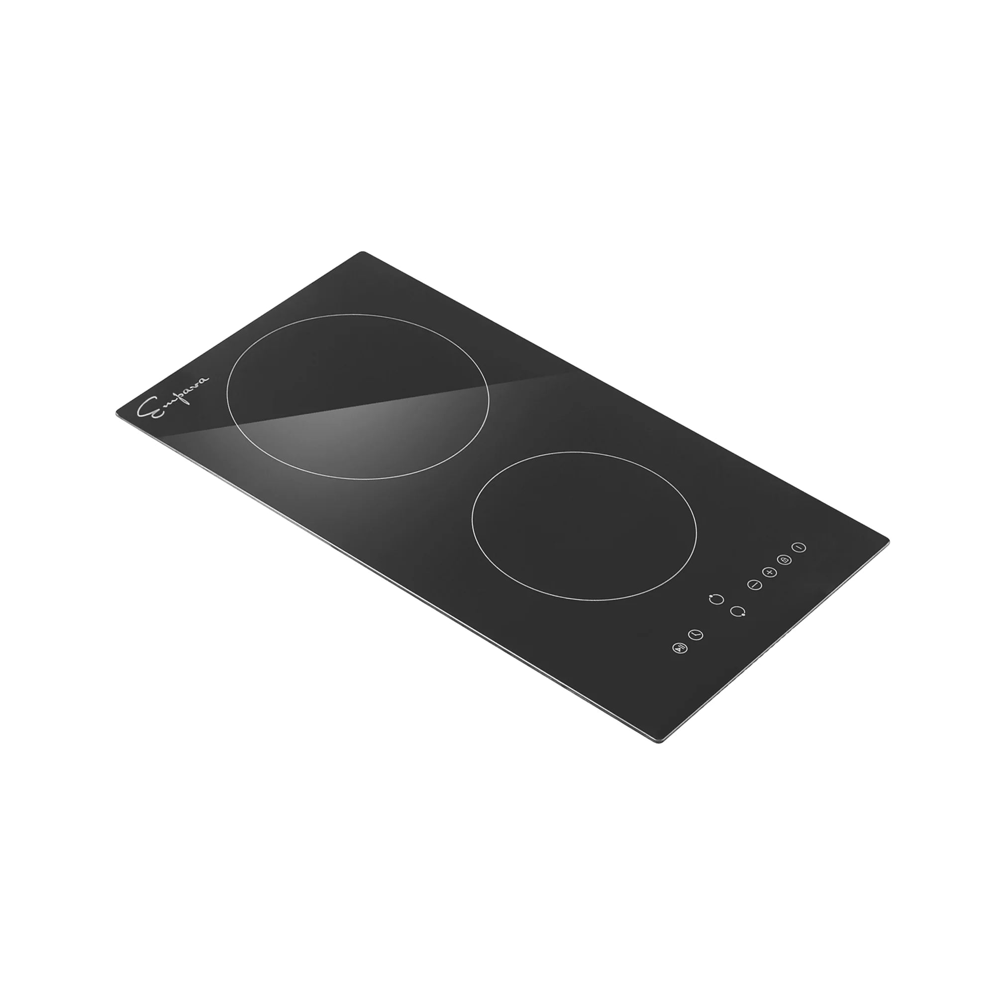 Black electric radiant cooktop with two smooth burner circles and right-side touch controls