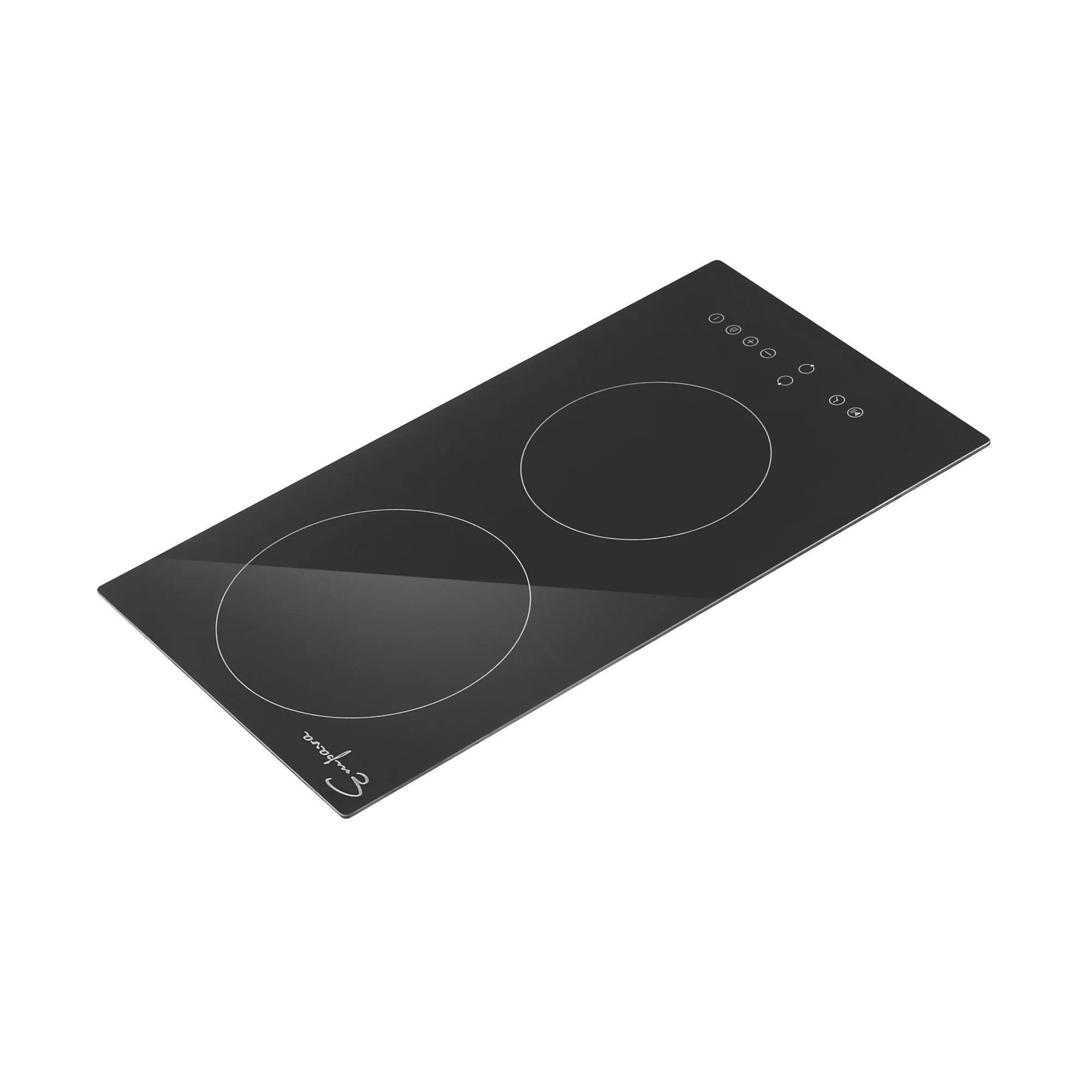 Black electric radiant cooktop with two burner circles and touch control button row