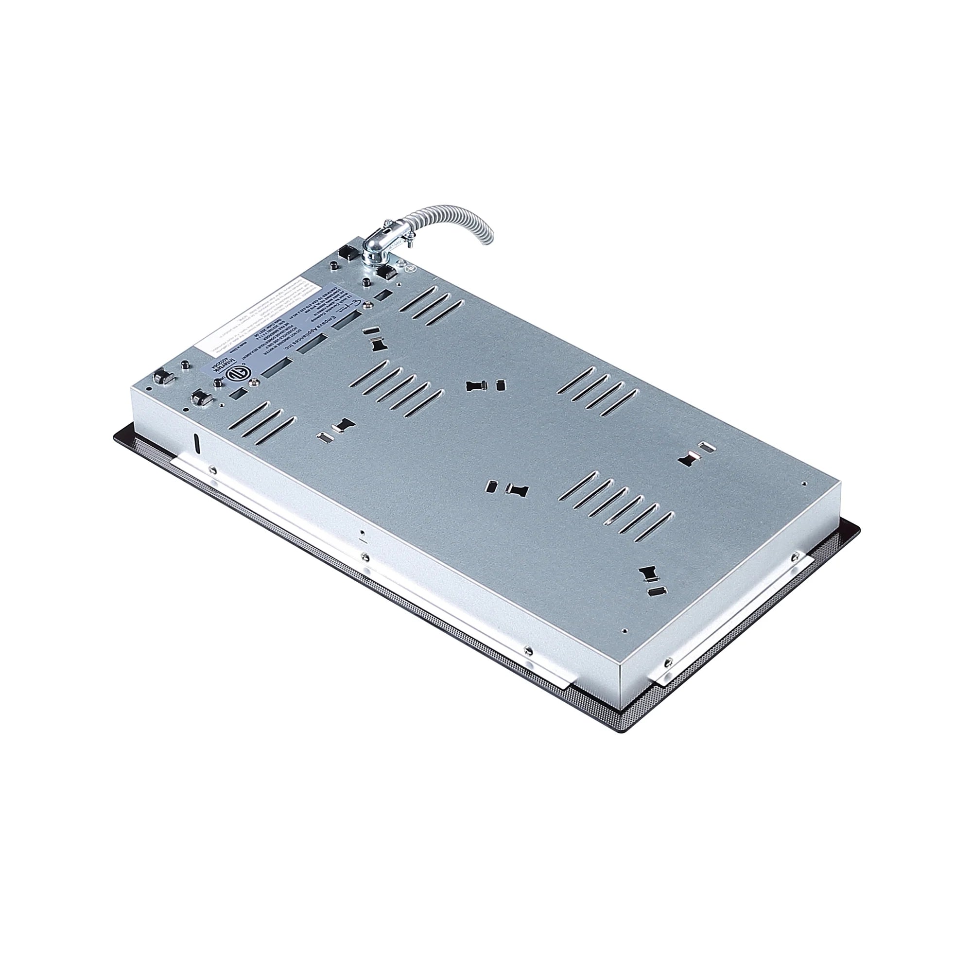 Stainless steel underside of electric radiant cooktop with wiring and vented vents