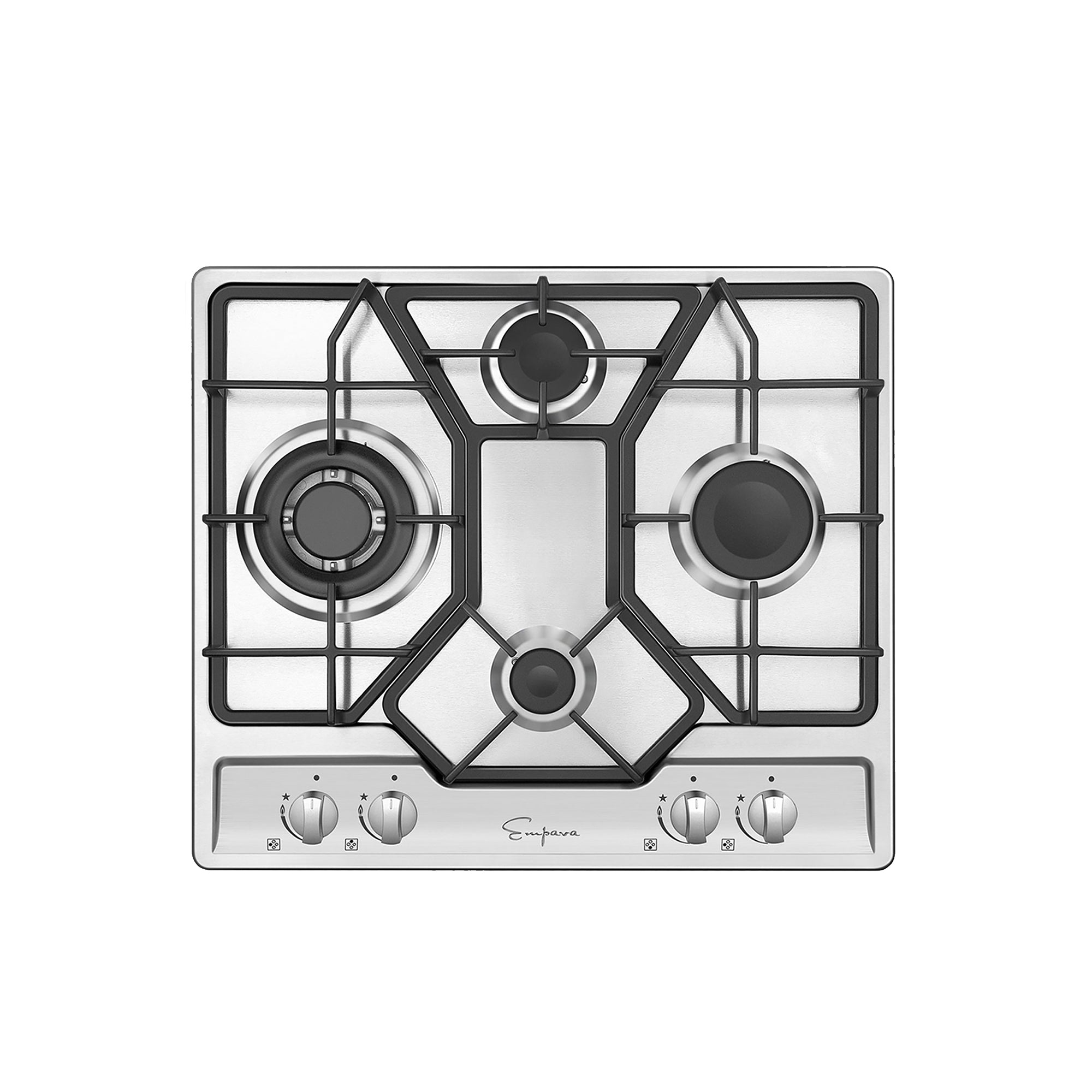 Stainless steel 4-burner natural gas cooktop with black grates and control knobs