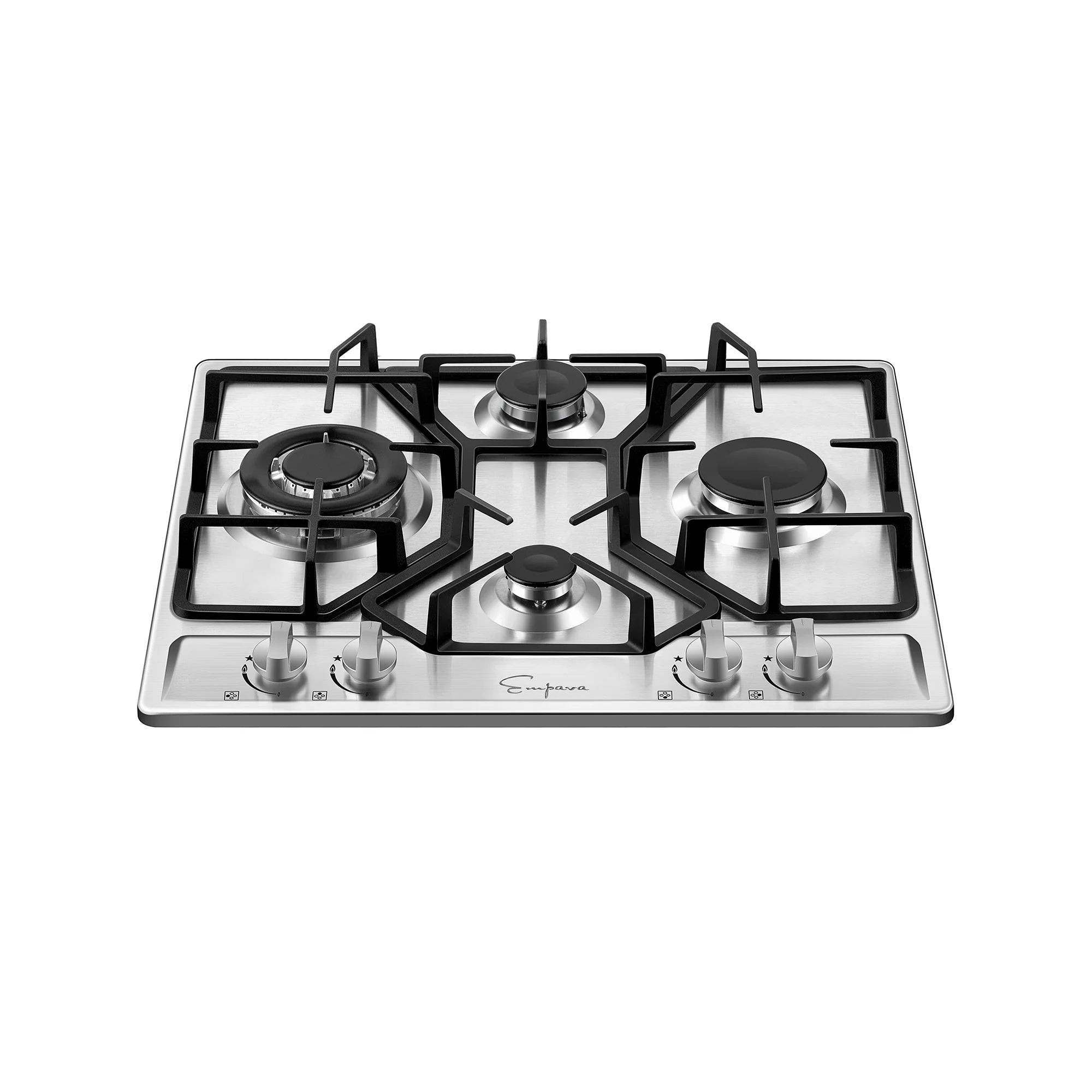 Stainless steel 4-burner built-in gas cooktop with black grates and burner caps