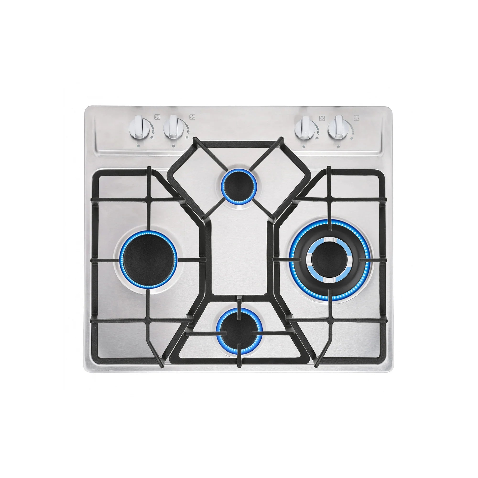 Stainless steel 4-burner gas cooktop with blue-lit burner rings and black grates