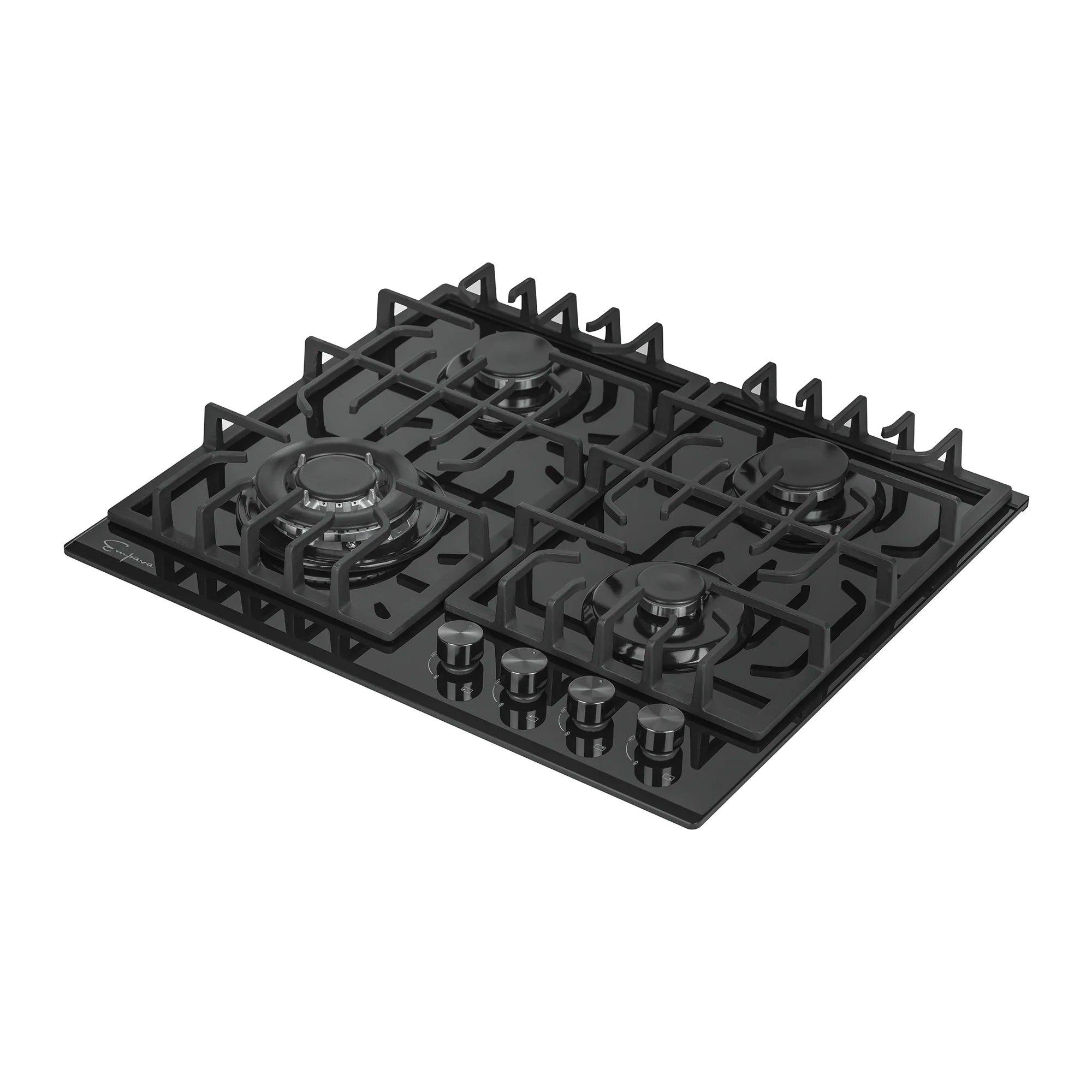 Black 4-burner natural gas cooktop with cast grates, angled top view