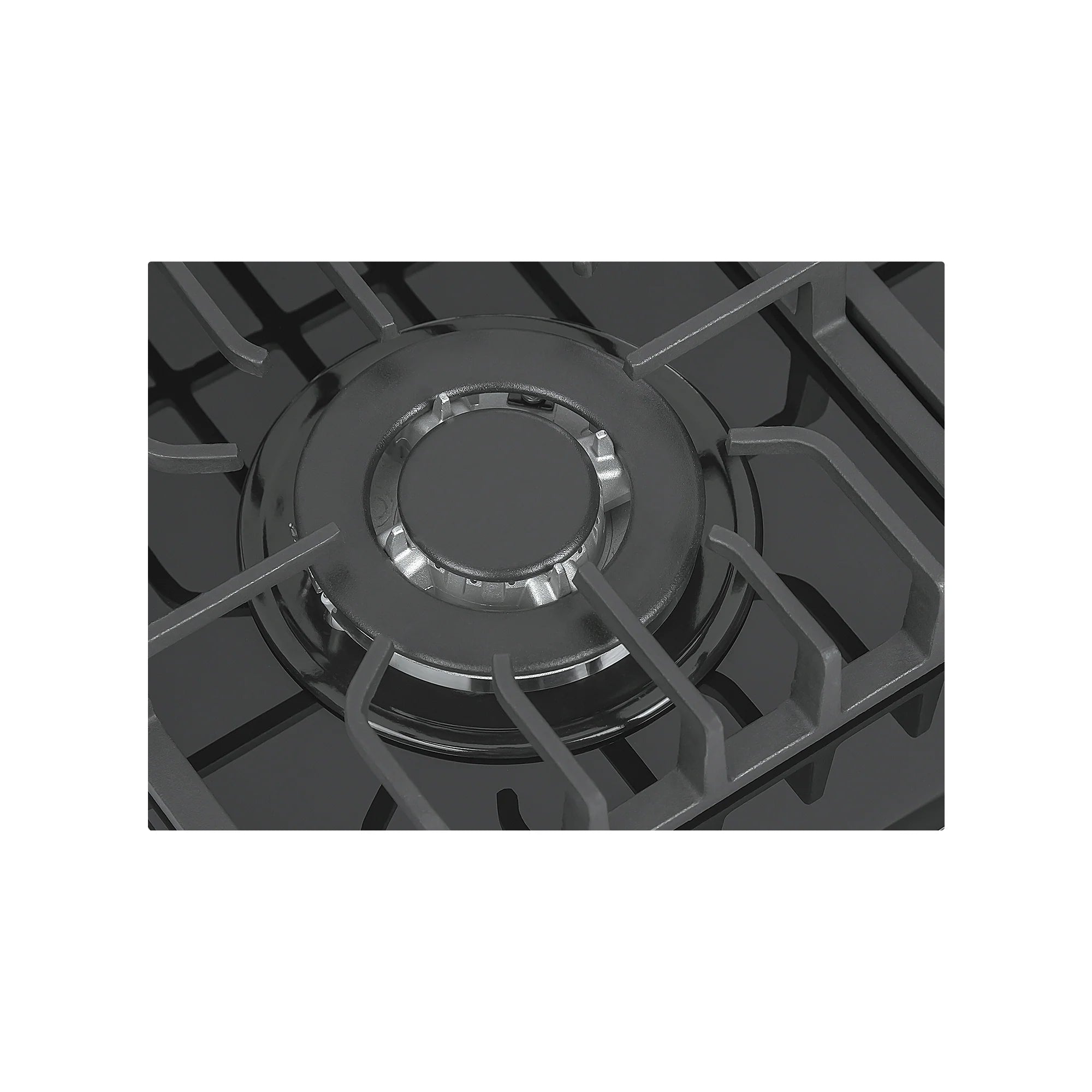 Black natural gas cooktop burner with circular stainless cap and surrounding grates